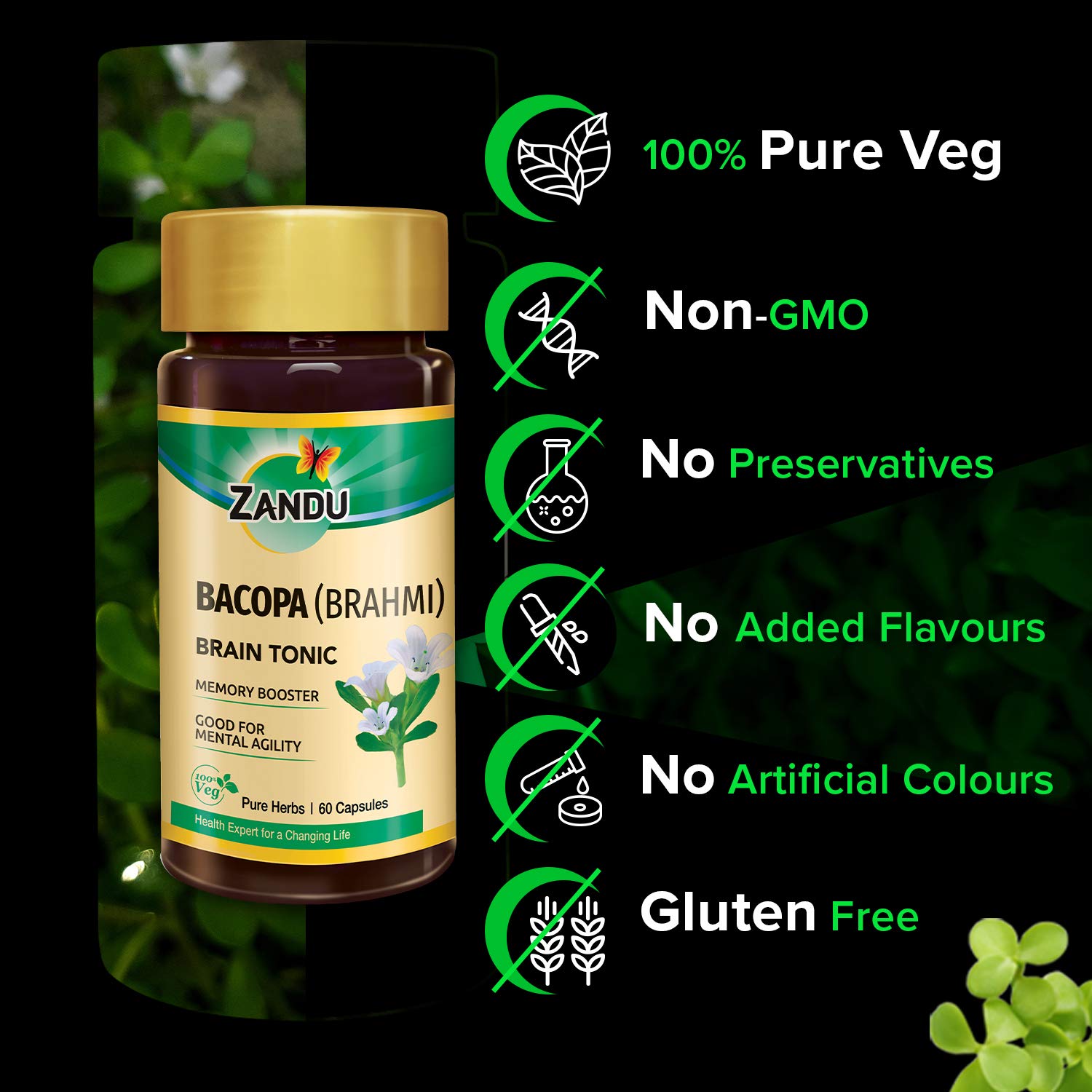 Zandu Bacopa (Brahmi) Capsules: An Age Old Ayurvedic Remedy Made Using Natural Extracts of Brahmi – view 4