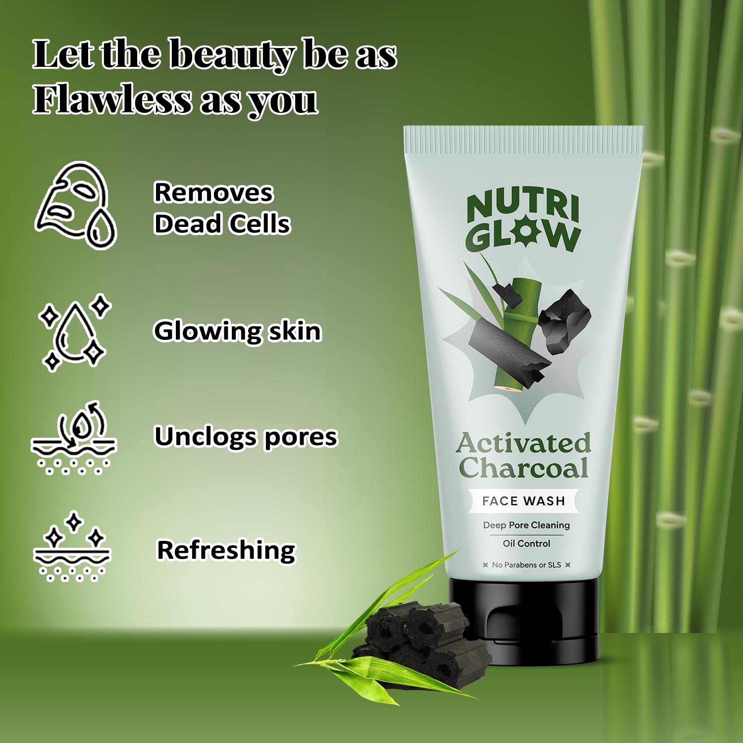 NutriGlow NATURAL'S Bamboo Charcoal Face Wash with Sandalwood for Daily Exfoliation, Refresh Skin - All Skin Types - 100g – view 3