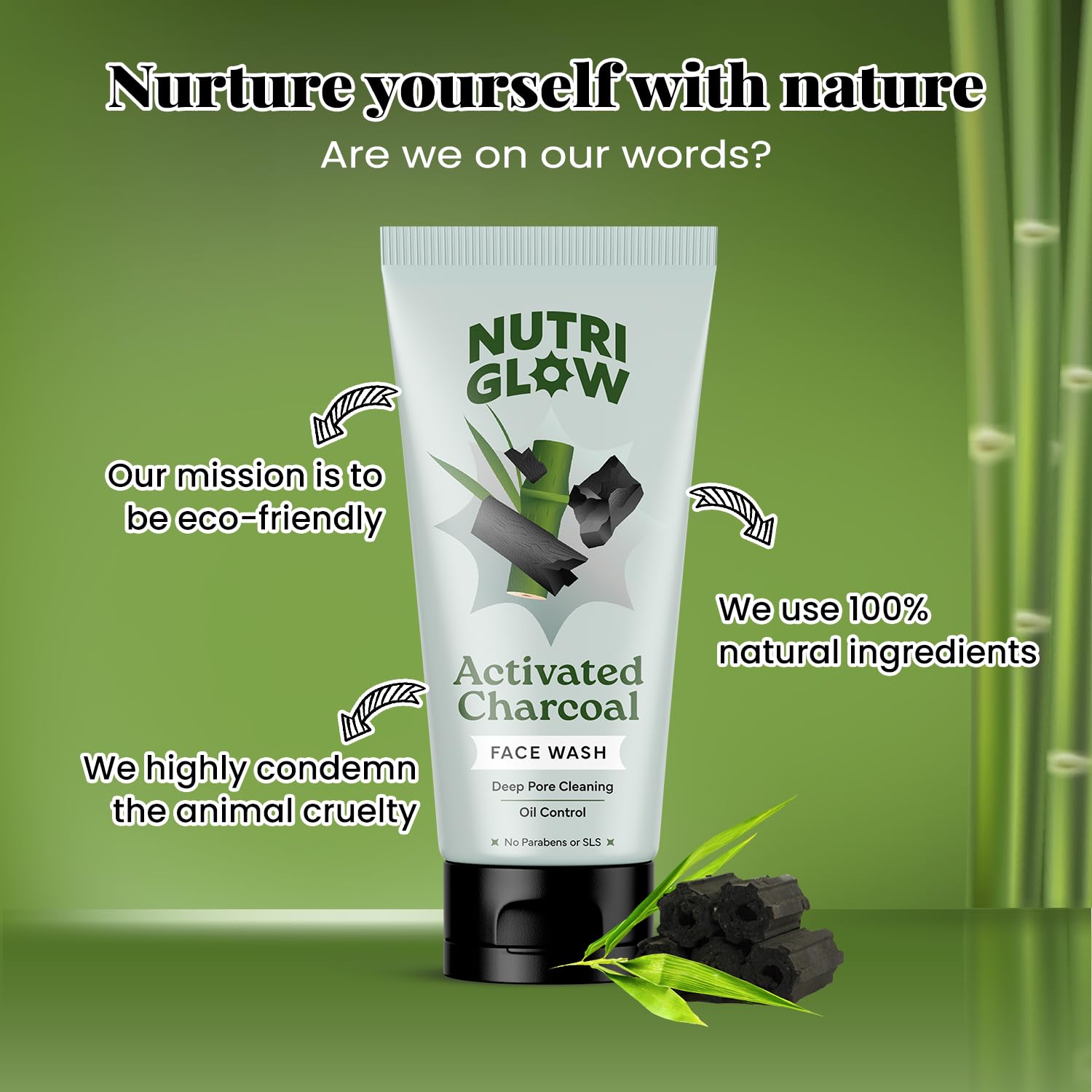 NutriGlow NATURAL'S Bamboo Charcoal Face Wash with Sandalwood for Daily Exfoliation, Refresh Skin - All Skin Types - 100g – view 4