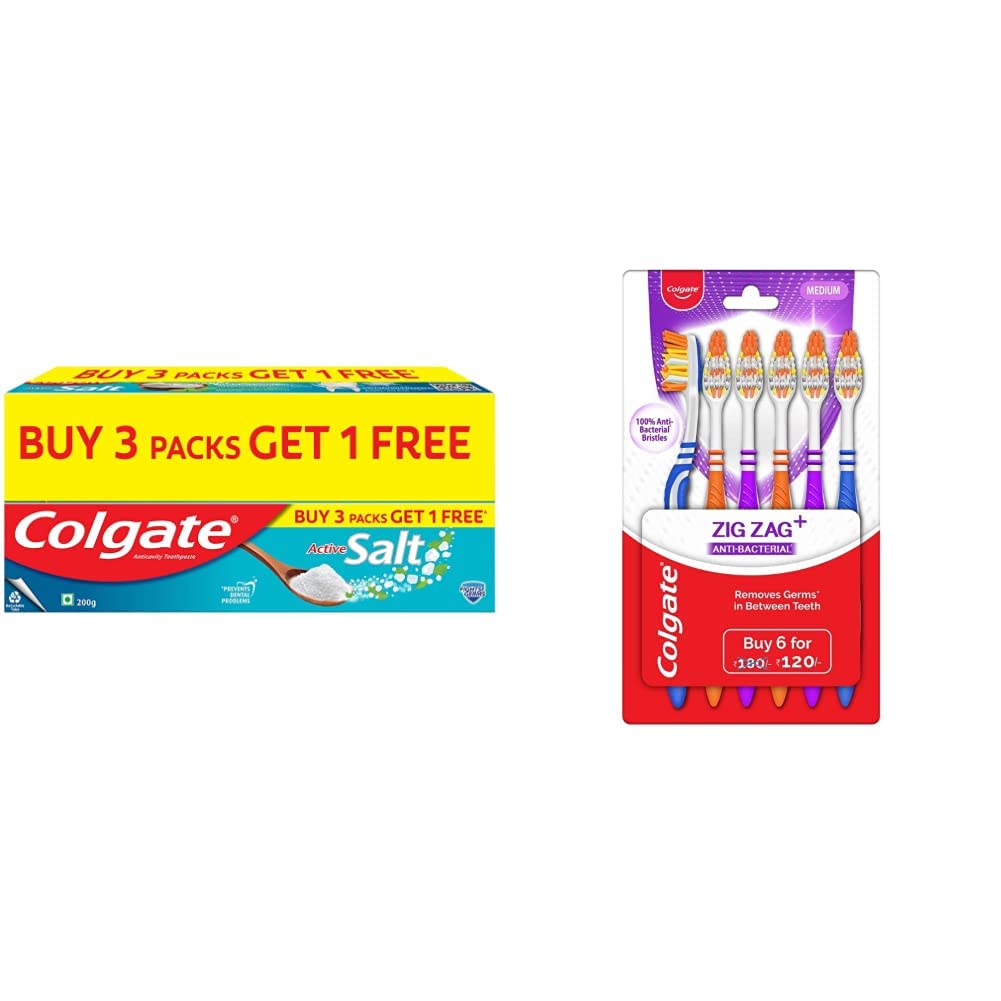 Colgate Active Salt Toothpaste, Pack of 800g (Buy 3 Get 1 Free), Colgate Toothpaste with Salt and Mint & ZigZag Toothbrush, Pack of 6 Medium Multicolour Soft Tooth brush – view 1