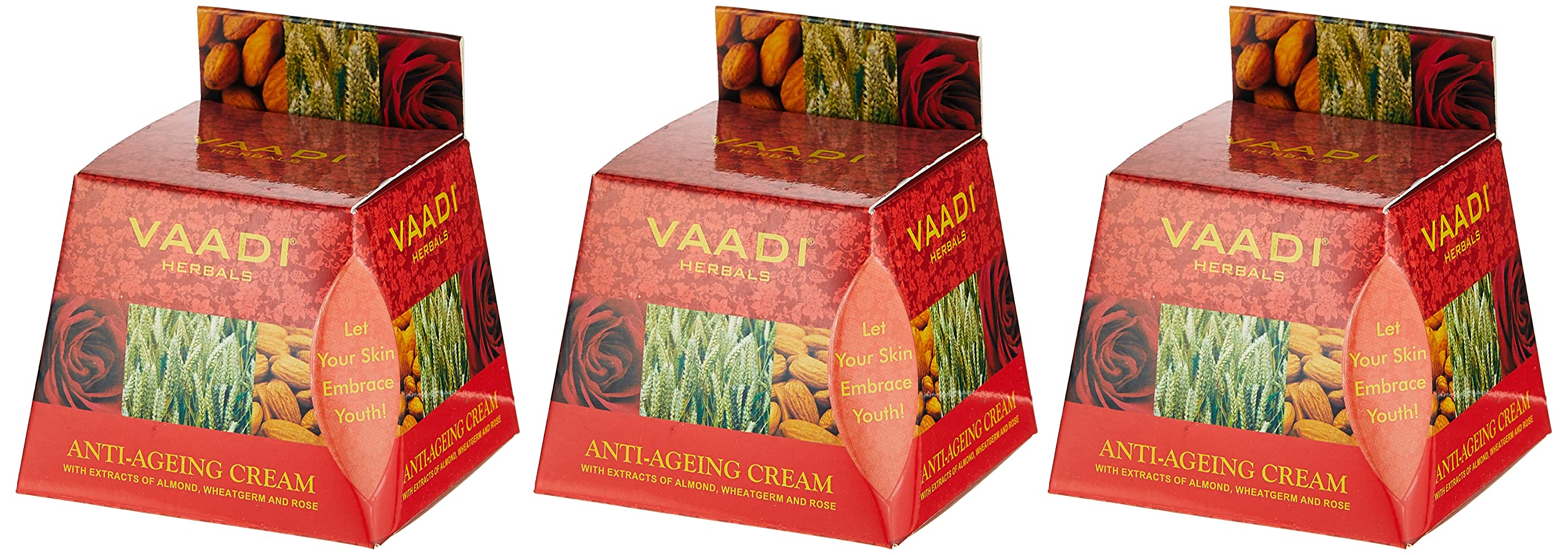 Three Vaadi Herbals anti ageing cream boxes with almond and rose
