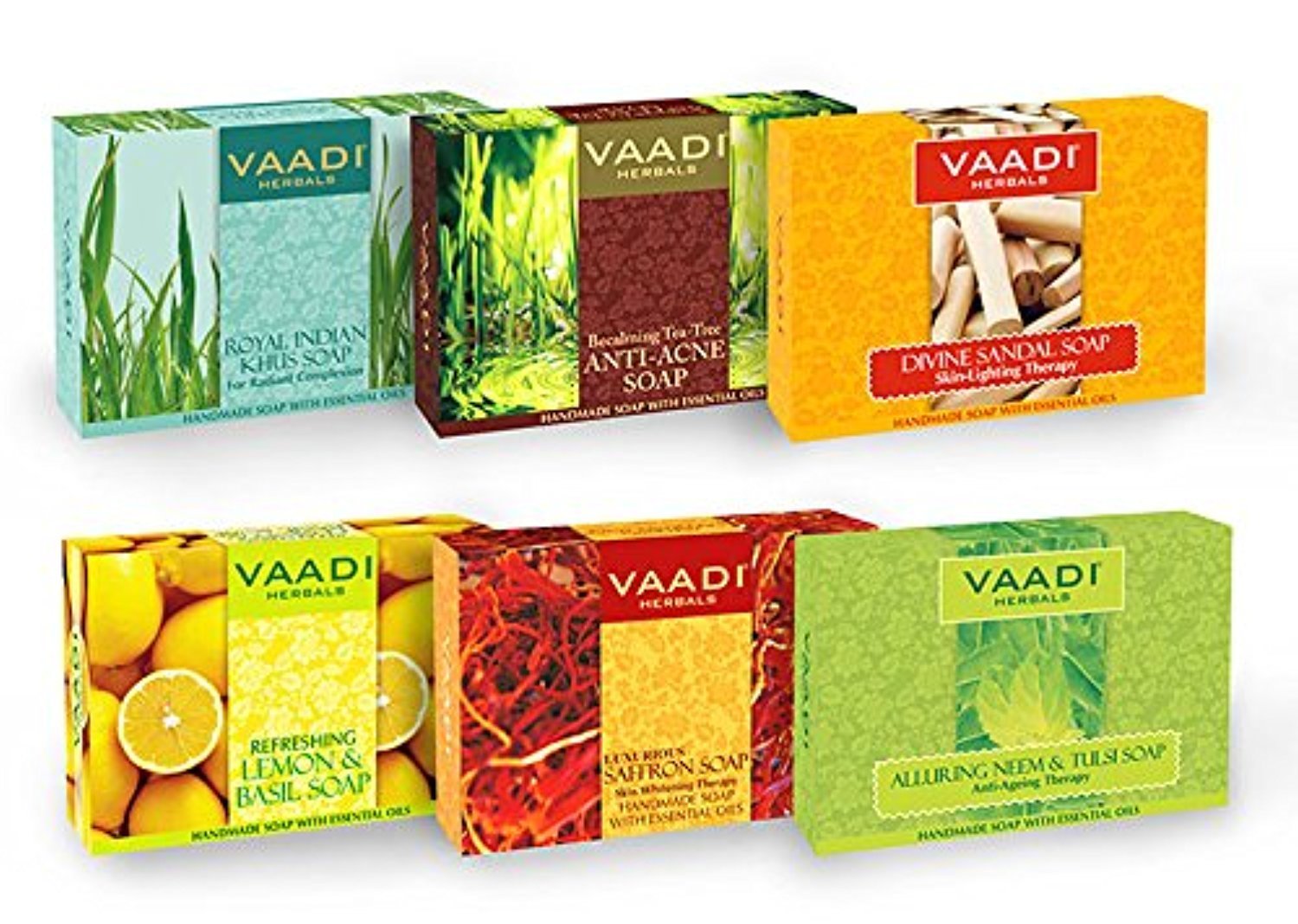Six assorted Vaadi Herbals handmade herbal soap bars in box