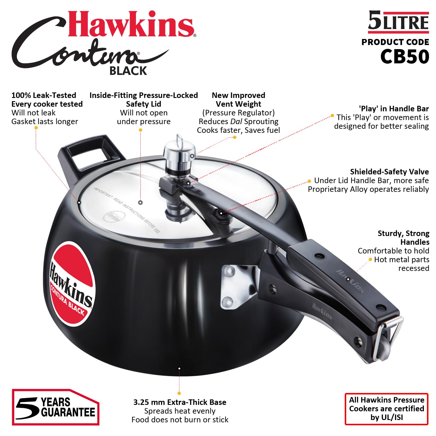 Hawkins Contura Black Pressure Cooker, 5 Litre, Black (CB50) – view 8