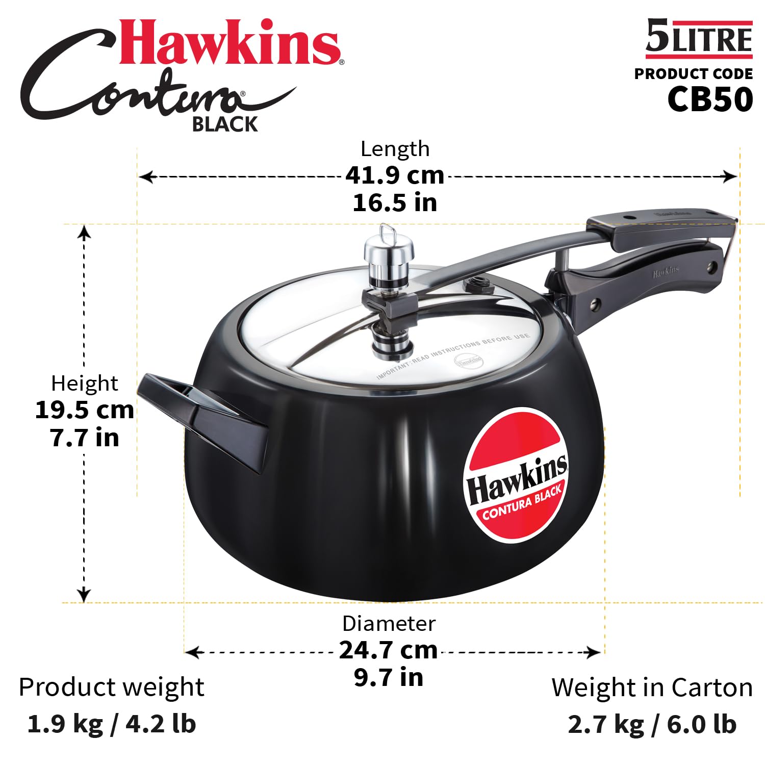 Hawkins Contura Black Pressure Cooker, 5 Litre, Black (CB50) – view 9