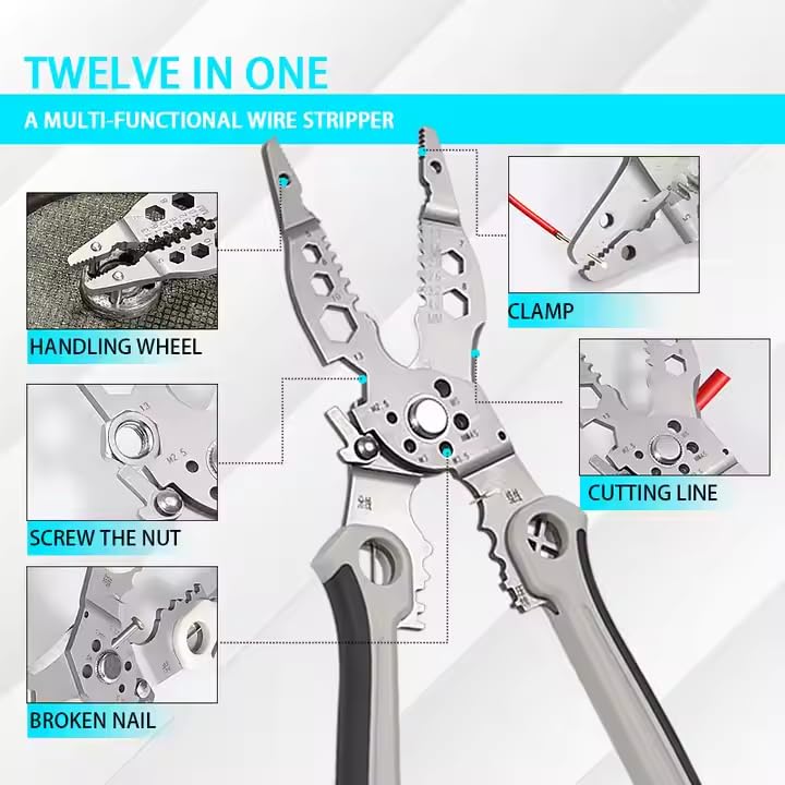 QXORE All in 1 Multifunction Stainless Steel Wire Stripper/Wire Crimping Tool, Wire Cutter, Wire Crimper, Cable Stripper, Wiring Tools and Multi-Function Hand Tool (12 IN 1) – view 6