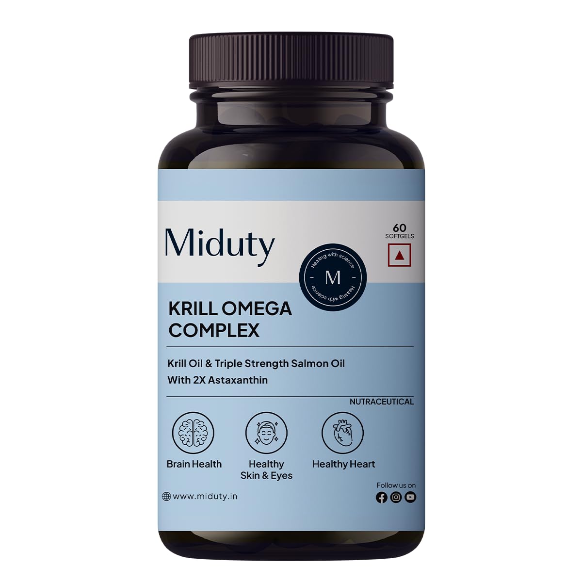 Bottle of Miduty Antarctic krill oil softgels for adult omega-3 support