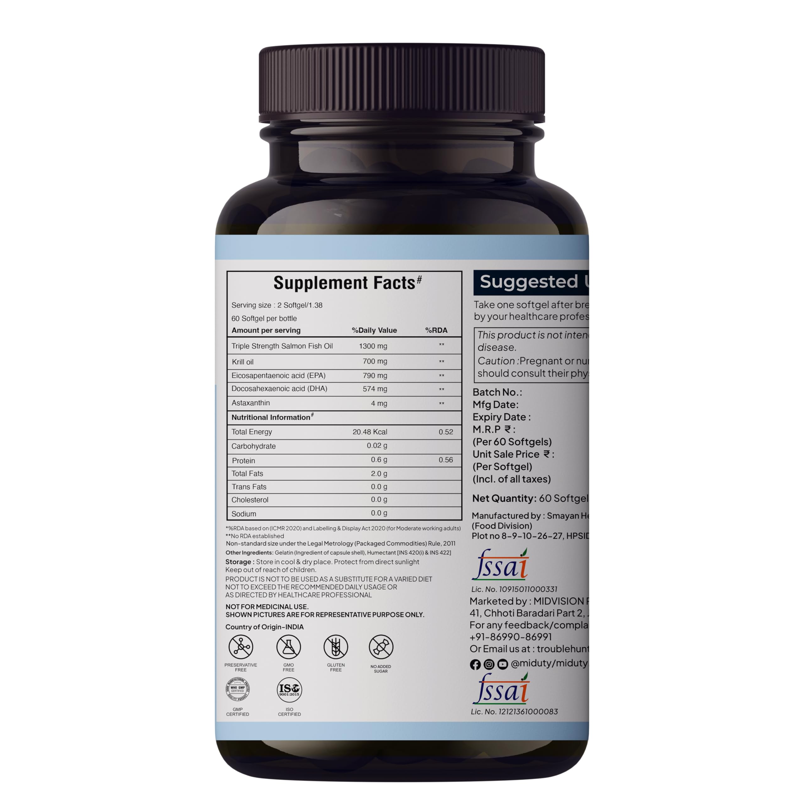 Miduty Antarctic Fish Krill Oil - Triple Strength Omega 3 Capsule With Astaxanthin- Antioxidant - EPA & DHA - For Joints - Heart - Liver Krill Omega 3 Supplement 60 Softgel – view 7