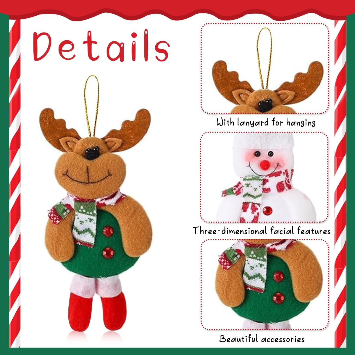 HASTHIP 4Pcs Christmas Tree Decoration Items Snowman, Reindeer, Bear Dolls, Santa Claus Christmas Ornaments with String Hanging Decor for Xmas Tree, Door, Window, Home – view 3