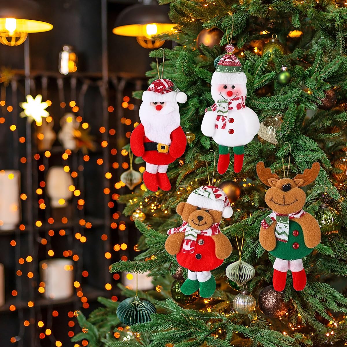 HASTHIP 4Pcs Christmas Tree Decoration Items Snowman, Reindeer, Bear Dolls, Santa Claus Christmas Ornaments with String Hanging Decor for Xmas Tree, Door, Window, Home – view 5