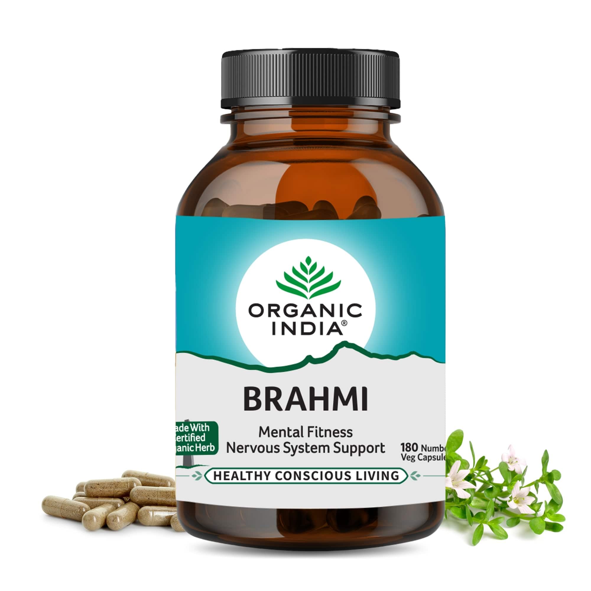 Front view of Organic India Brahmi vegan capsule bottle