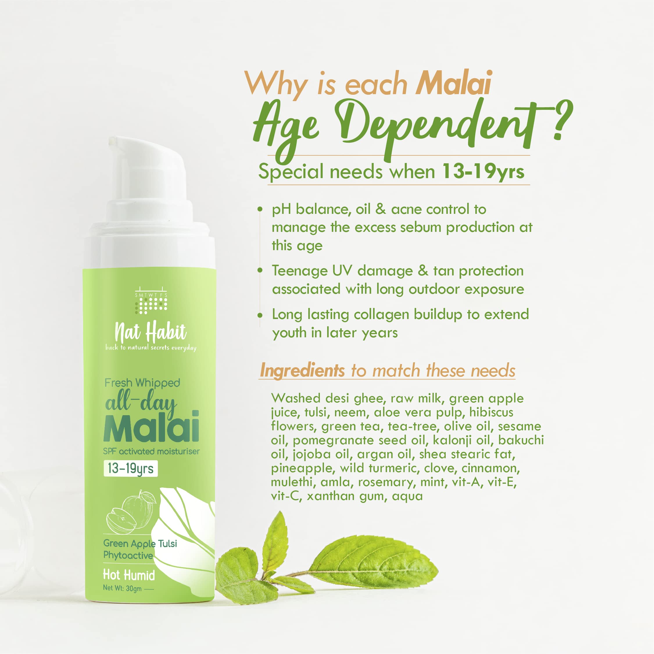 Nat Habit All Day Face Cream, Fresh Whipped Green Apple Face Malai Tulsi PhytoActive - For Hot and Humid Weather, Moisturization & Tan Protection (13 to 19 years, 30g) – view 5