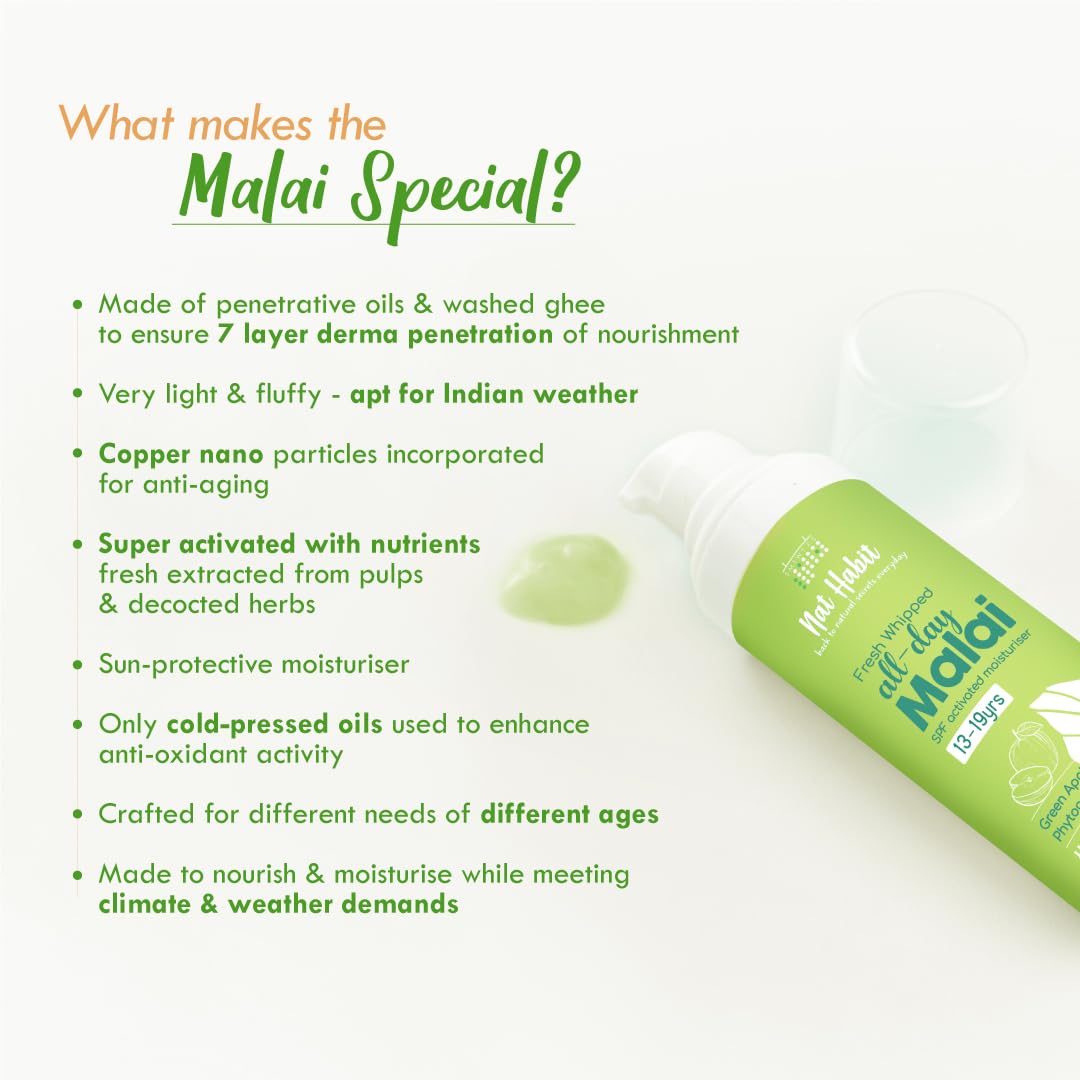 Nat Habit All Day Face Cream, Fresh Whipped Green Apple Face Malai Tulsi PhytoActive - For Hot and Humid Weather, Moisturization & Tan Protection (13 to 19 years, 30g) – view 6