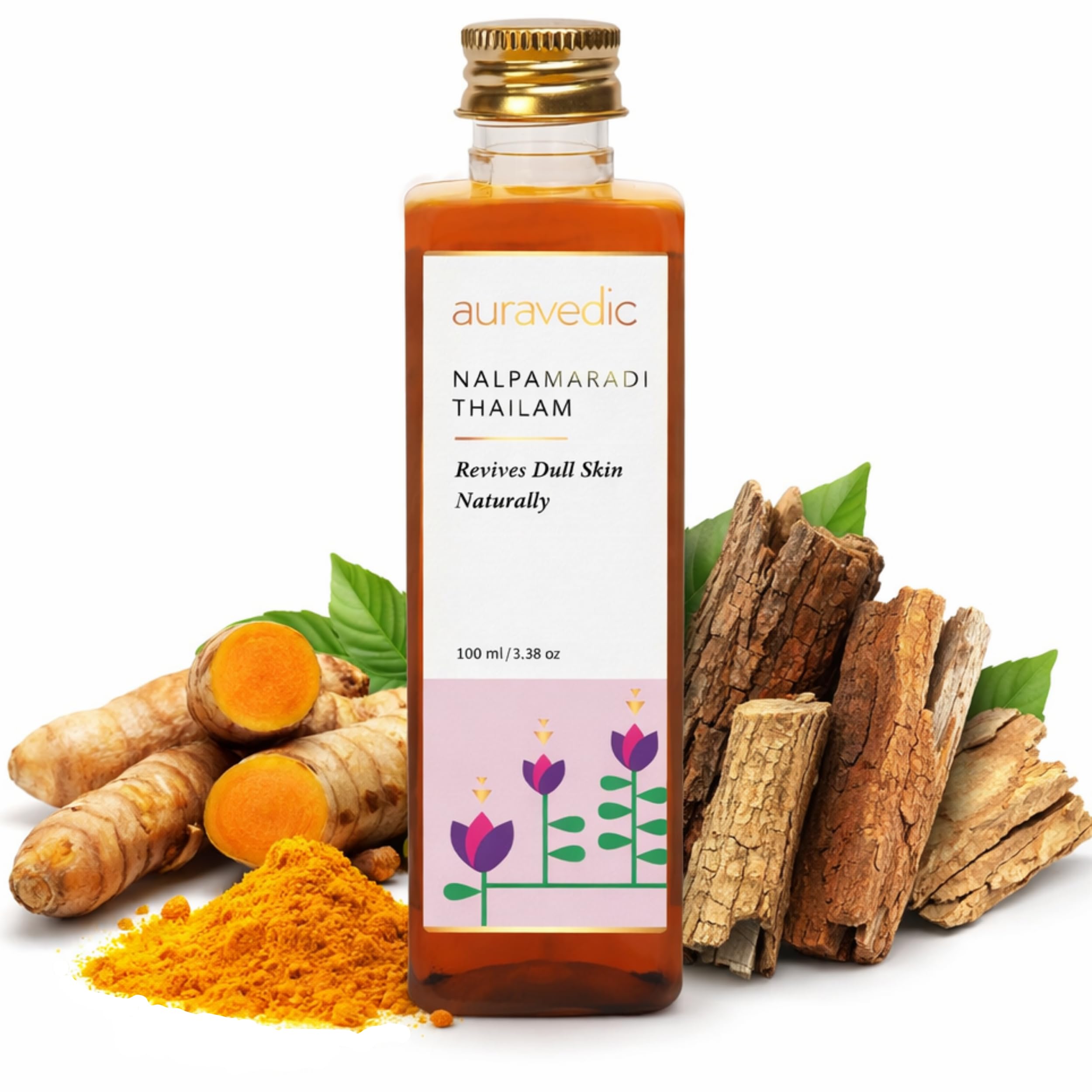 Auravedic Nalpamaradi Thailam sandalwood face and body oil bottle