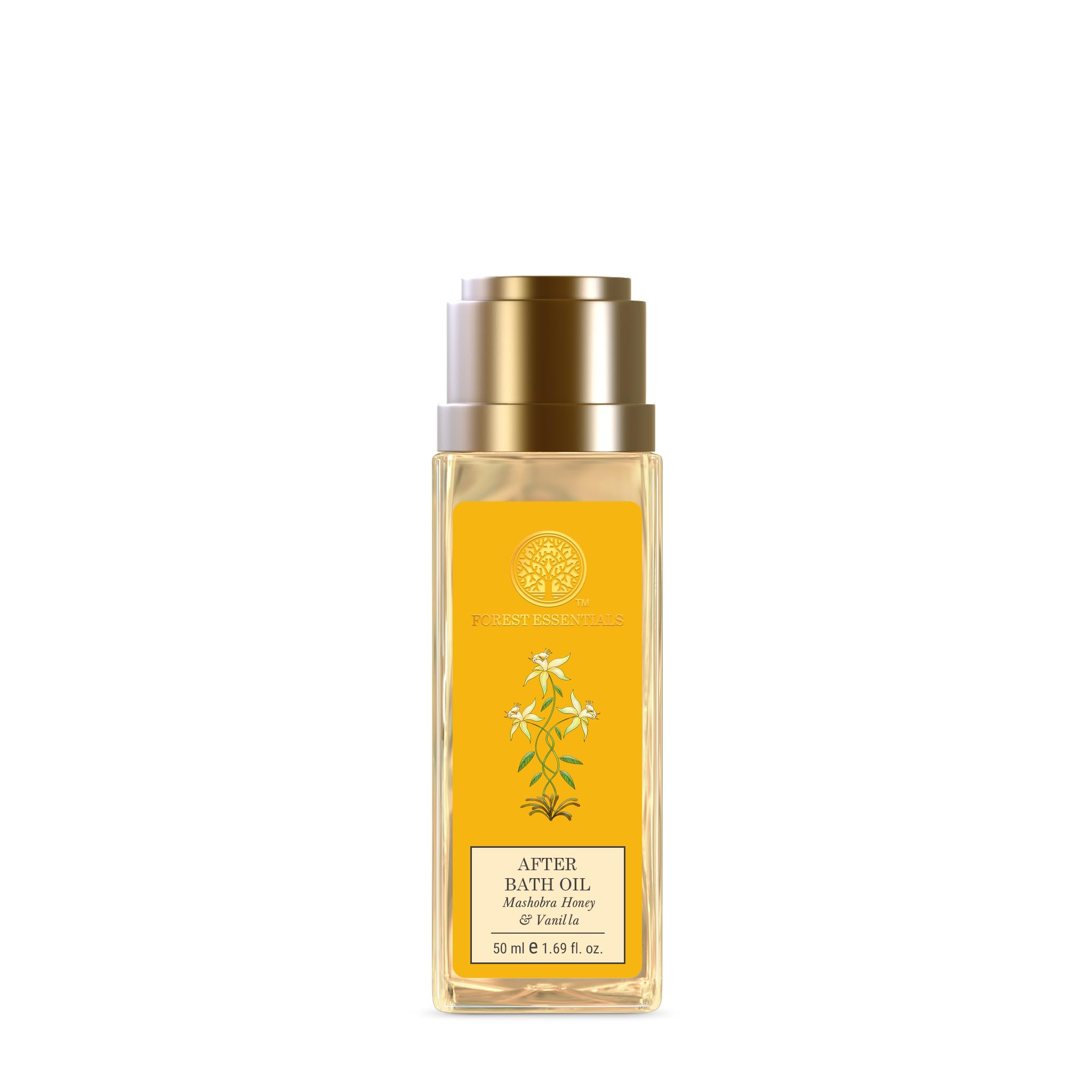 Bottle of Forest Essentials after bath oil in Mashobra Honey Vanilla