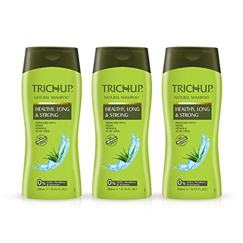 Three bottles of Trichup Healthy Long and Strong herbal shampoo