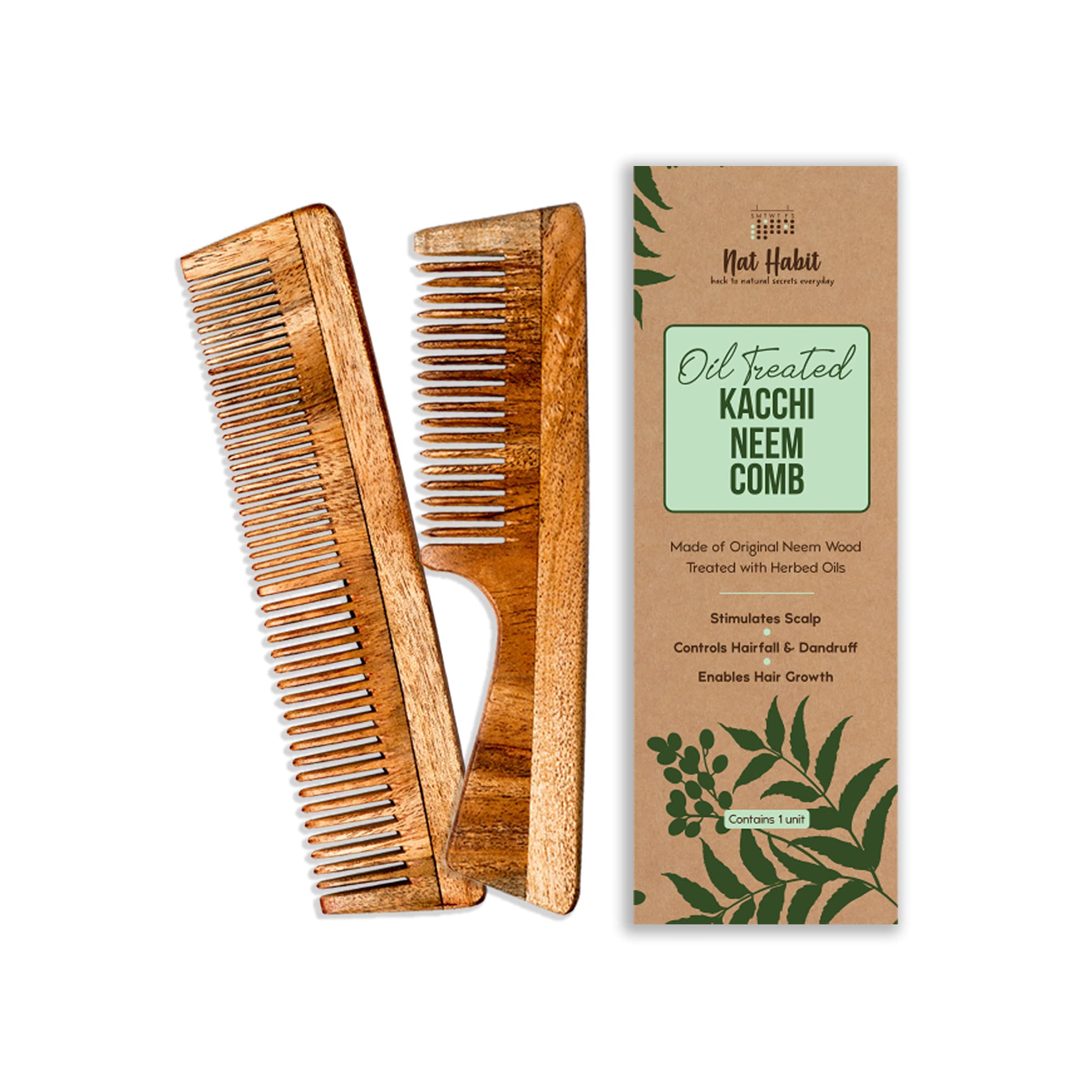 Nat Habit wooden neem comb set with dual and fine tooth