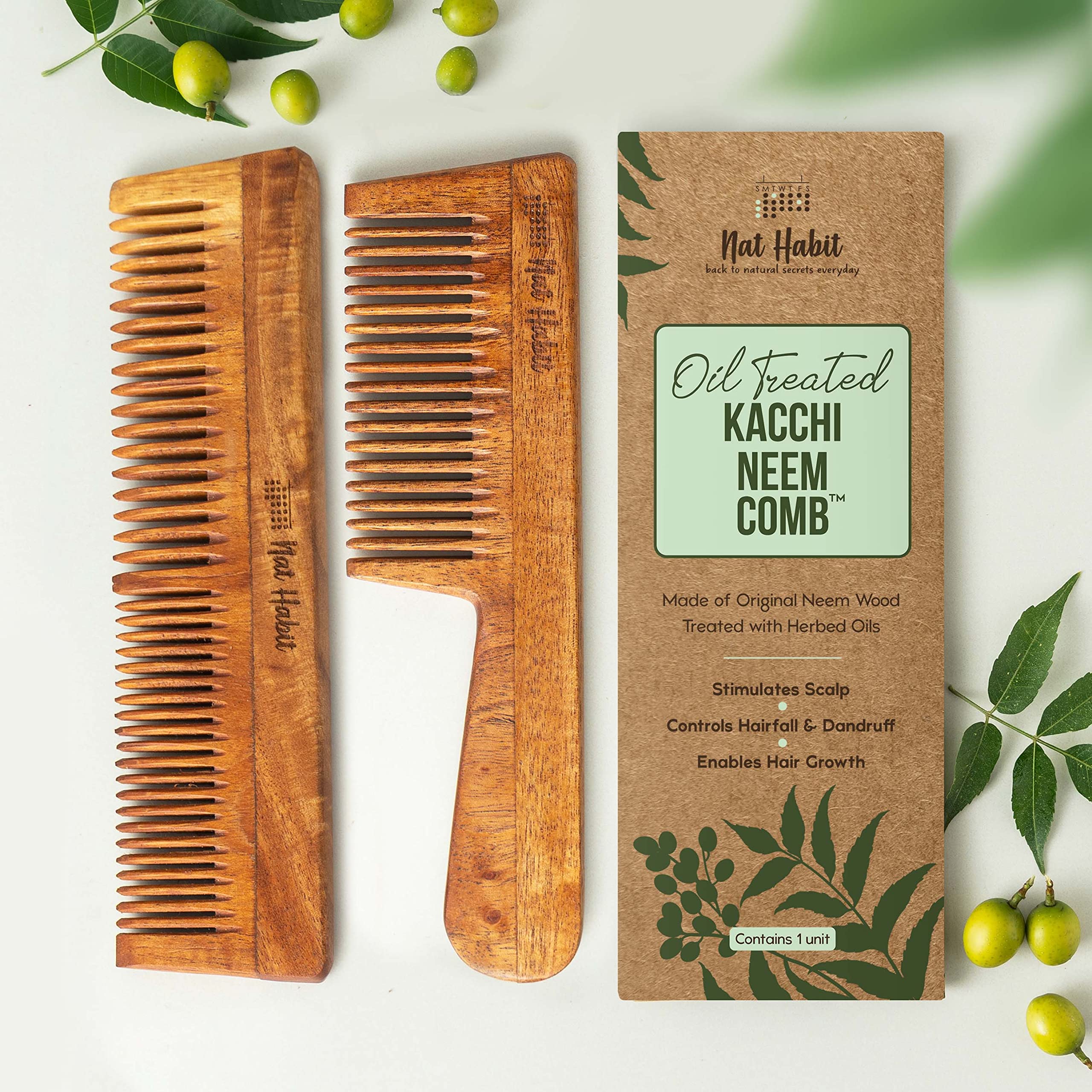 Nat Habit Kacchi Neem Wooden Comb, Soaked In 13 Herbs Neem, Seasame Oil For Multi-Actions Detangling, Frizz Control & Shine (Dual Tooth & Fine Tooth) Combo Pack of 2 – view 2