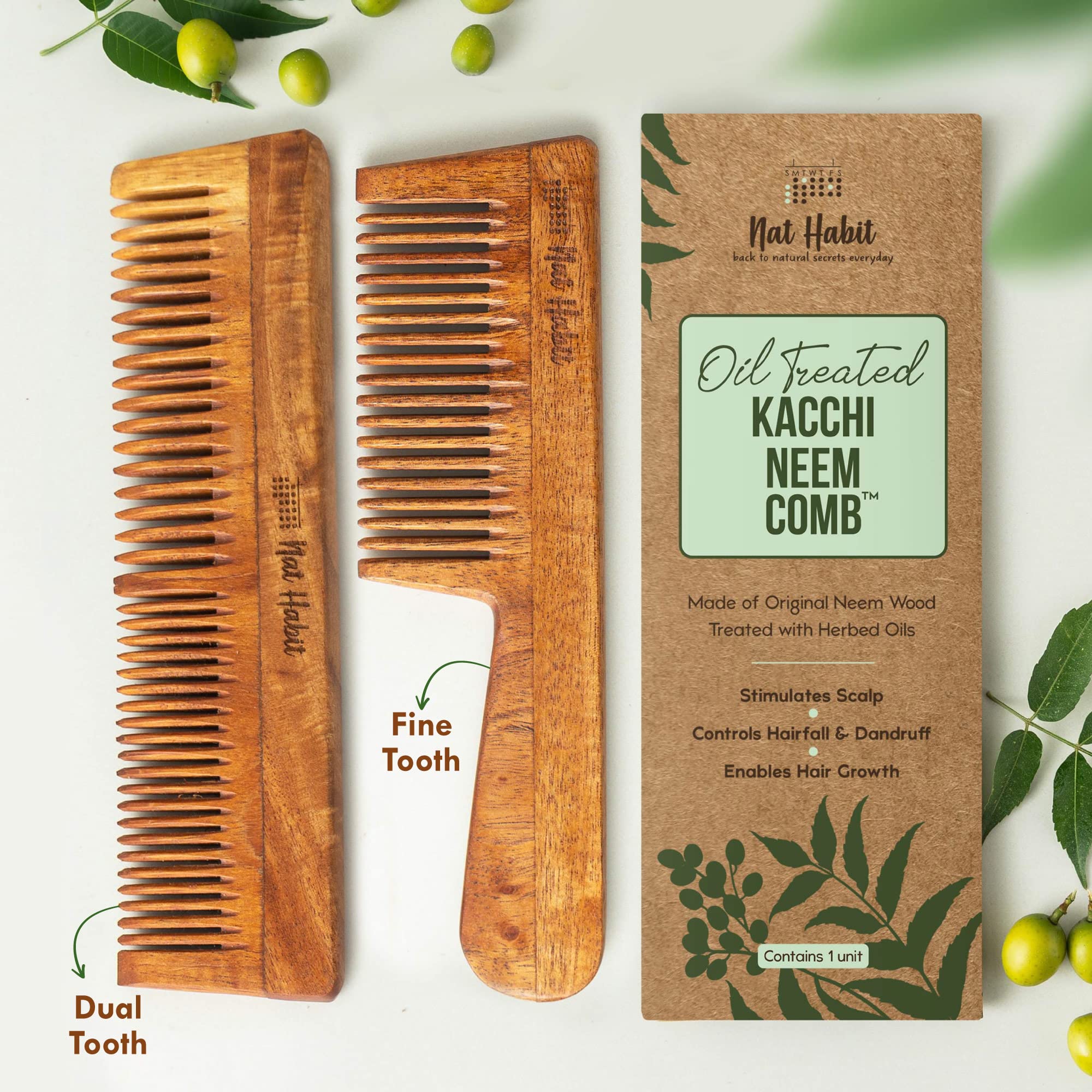Nat Habit Kacchi Neem Wooden Comb, Soaked In 13 Herbs Neem, Seasame Oil For Multi-Actions Detangling, Frizz Control & Shine (Dual Tooth & Fine Tooth) Combo Pack of 2 – view 3