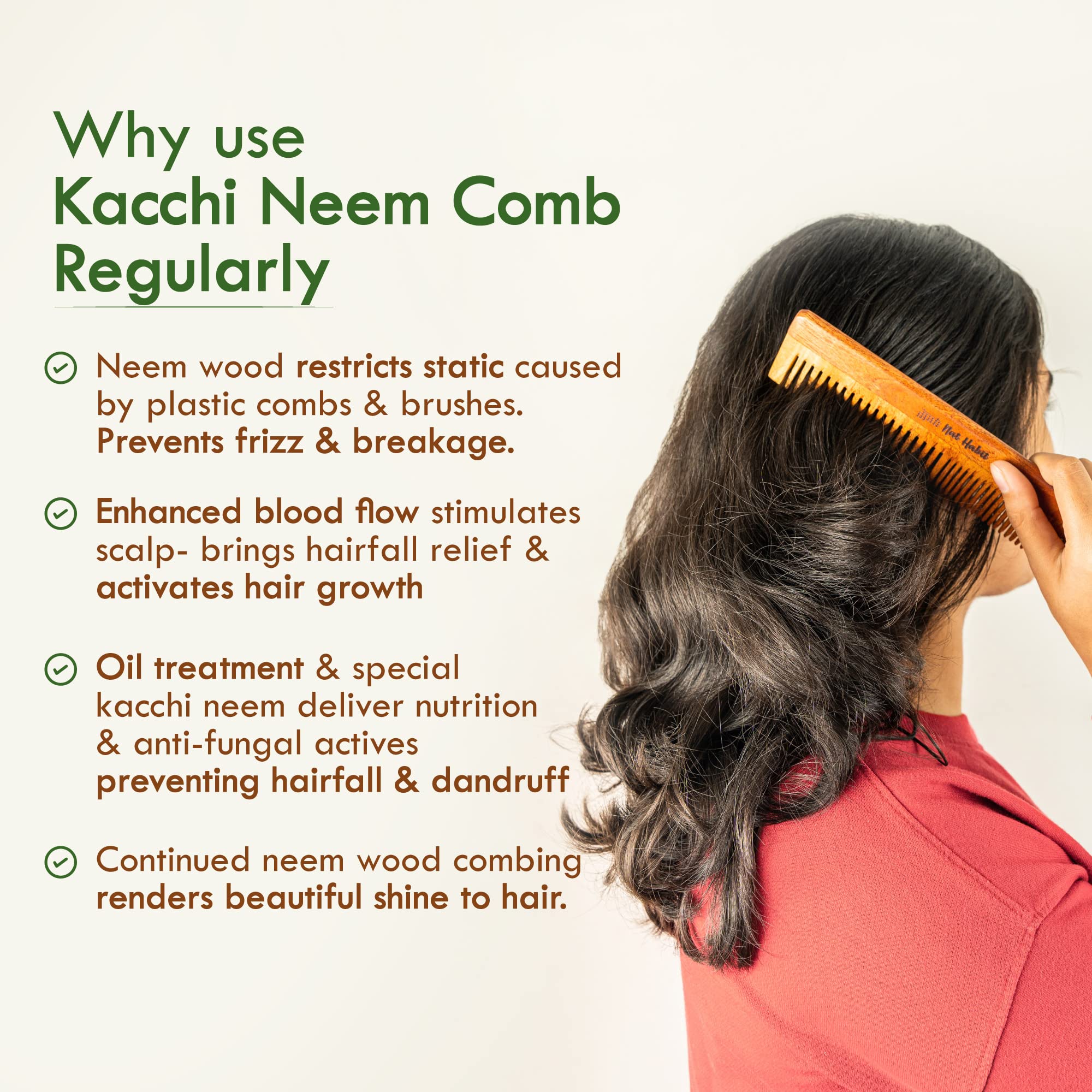 Nat Habit Kacchi Neem Wooden Comb, Soaked In 13 Herbs Neem, Seasame Oil For Multi-Actions Detangling, Frizz Control & Shine (Dual Tooth & Fine Tooth) Combo Pack of 2 – view 5