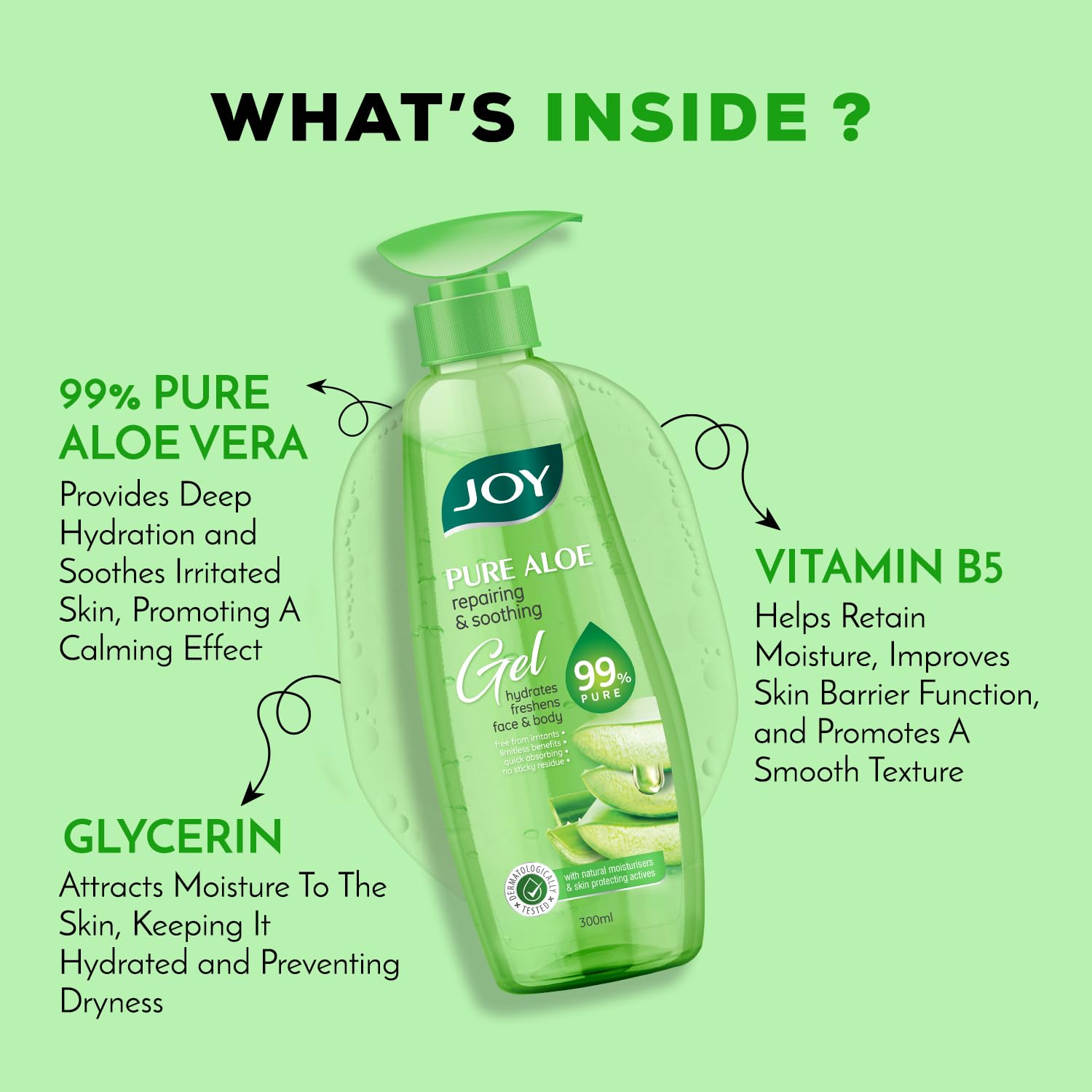 Joy Pure Aloe Vera Gel for Face & Body (300ml) with Natural Moisturisers & Pro Vitamin B5 – view 2