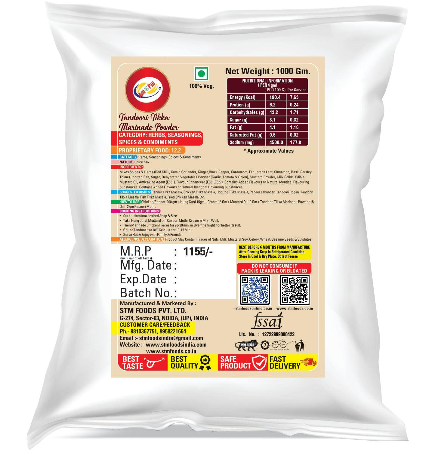 Am 2 Pm - Tandoori Tikka Marinade Base Powder 1kg, Ready to cook spice mix, Smoky Tandoori Chicken Masala, Paneer Tikka Masala, Mushroom Tikka Masala – view 2