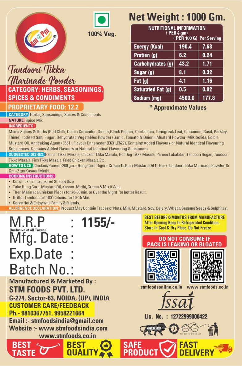 Am 2 Pm - Tandoori Tikka Marinade Base Powder 1kg, Ready to cook spice mix, Smoky Tandoori Chicken Masala, Paneer Tikka Masala, Mushroom Tikka Masala – view 3