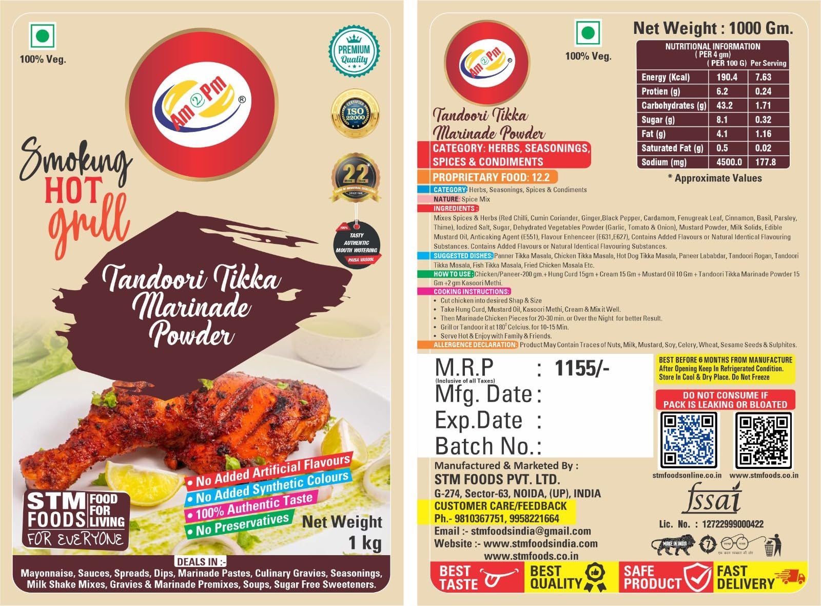 Am 2 Pm - Tandoori Tikka Marinade Base Powder 1kg, Ready to cook spice mix, Smoky Tandoori Chicken Masala, Paneer Tikka Masala, Mushroom Tikka Masala – view 6