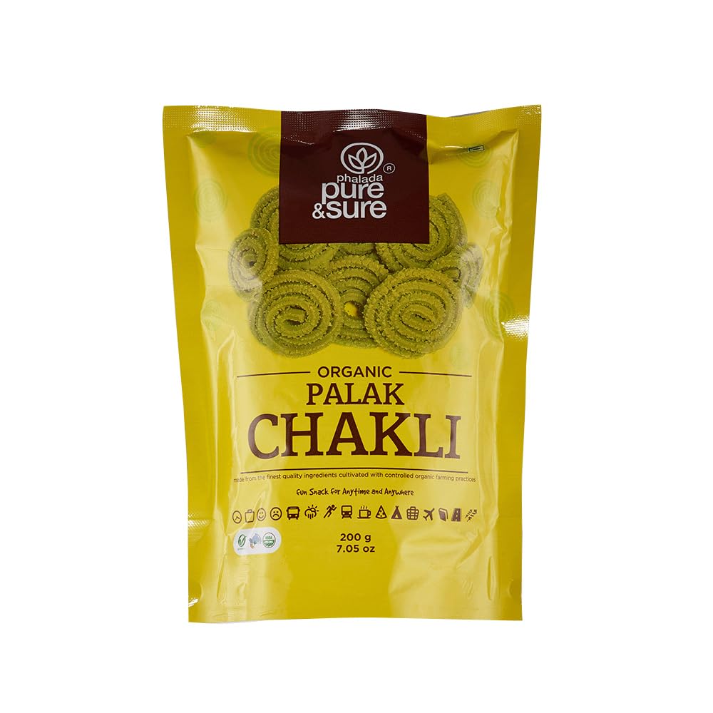Organic spinach chakli snack in green pouch from Phalada Pure & Sure