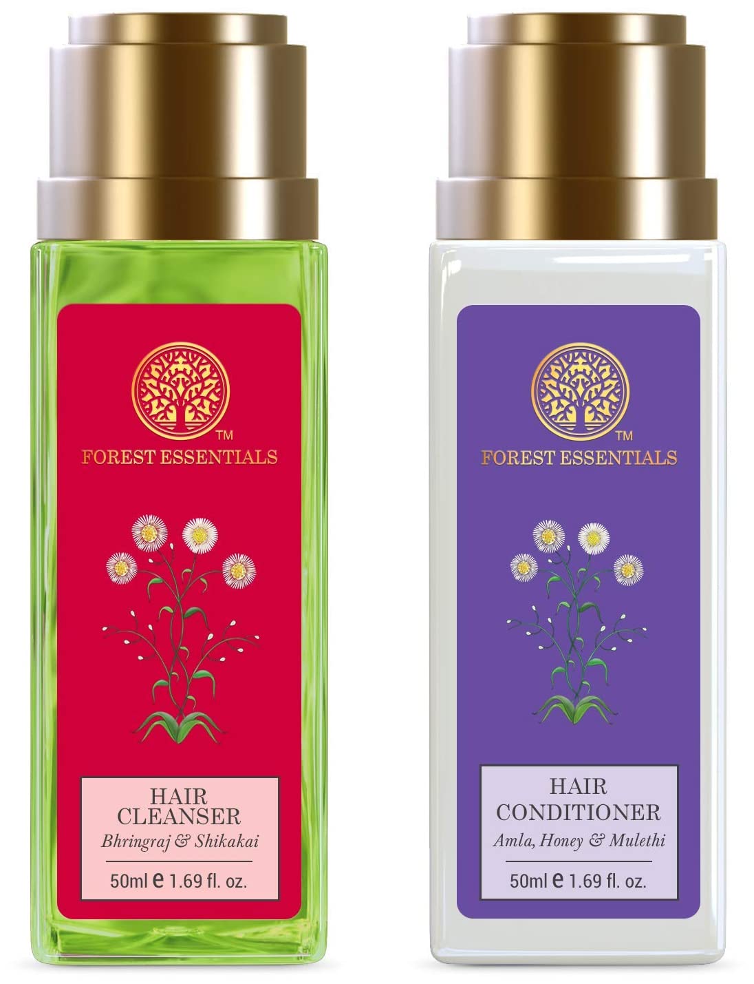 Forest Essentials cleanser and conditioner duo in two 50 ml bottles