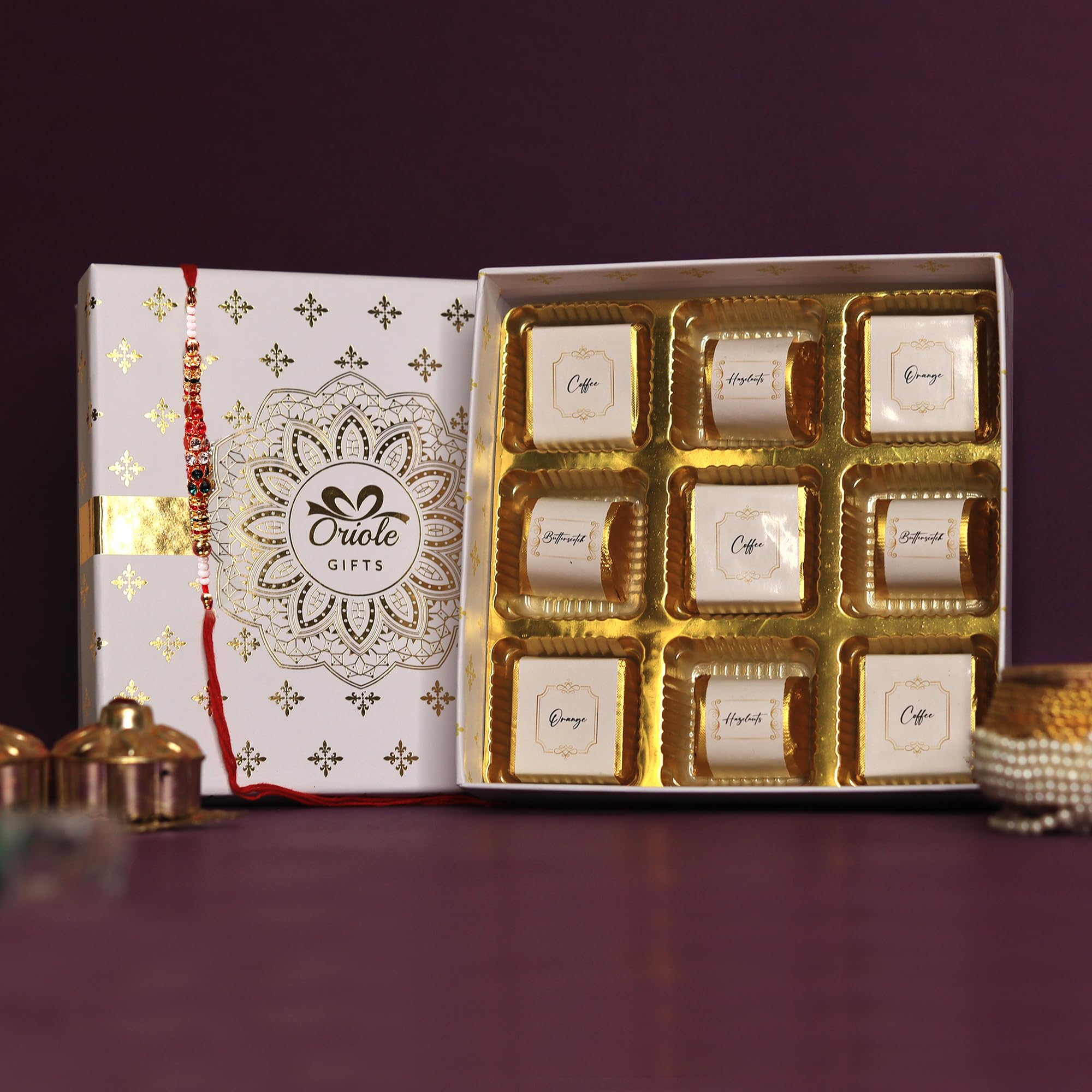 Oriole Gifts Rakhi Gift Hamper with Premium Chocolates for Brother & Sister with 1 Rakhi & 9 Premium Chocolates (Coffee, Hazelnuts, Butterscotch, Orange) – view 2