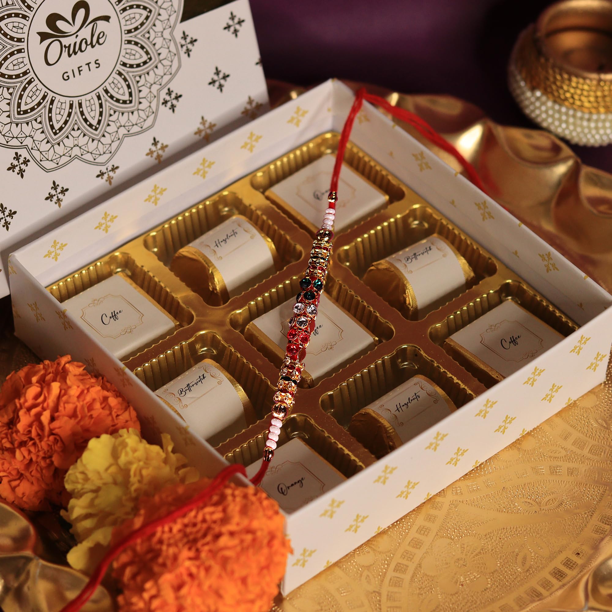 Oriole Gifts Rakhi Gift Hamper with Premium Chocolates for Brother & Sister with 1 Rakhi & 9 Premium Chocolates (Coffee, Hazelnuts, Butterscotch, Orange) – view 3