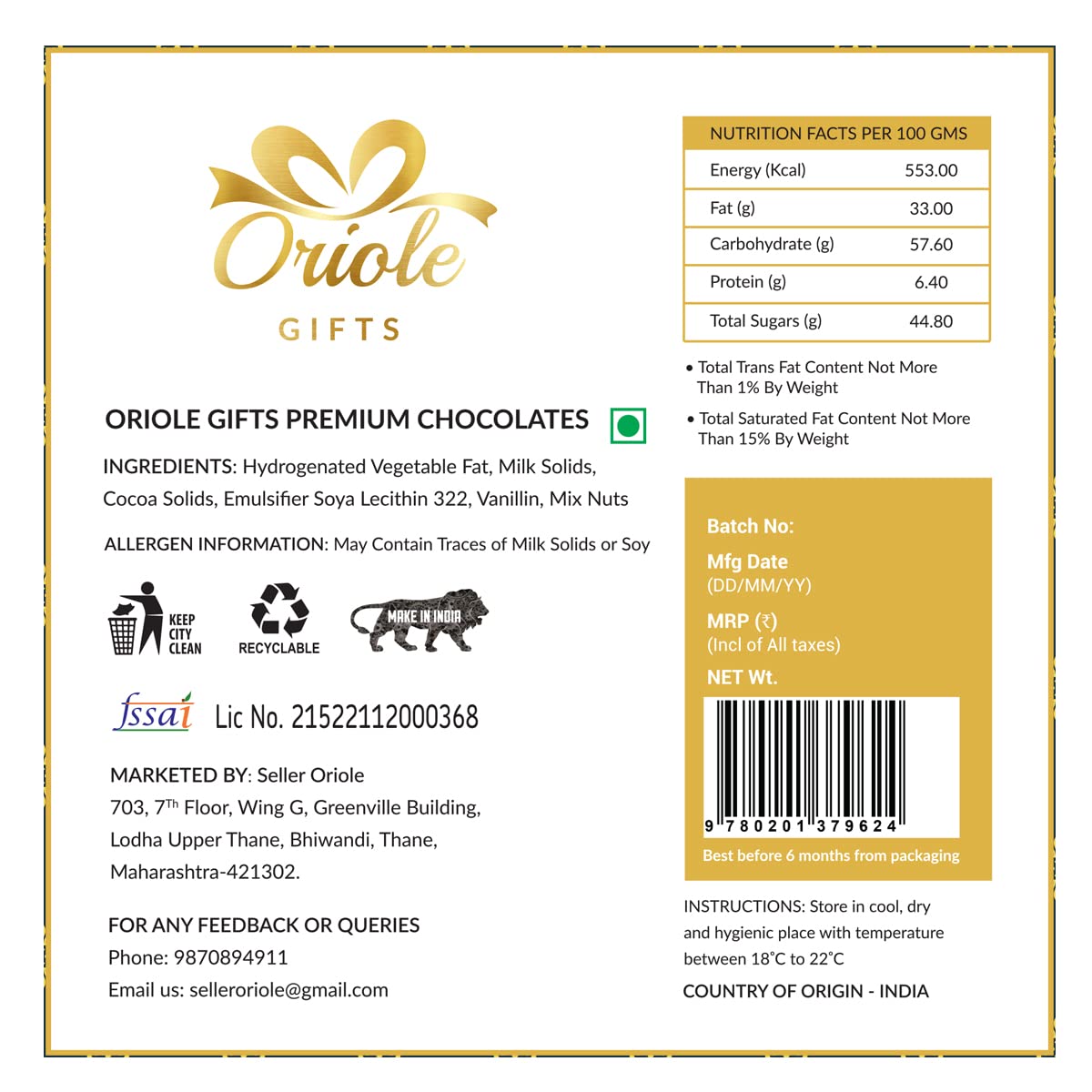Oriole Gifts Rakhi Gift Hamper with Premium Chocolates for Brother & Sister with 1 Rakhi & 9 Premium Chocolates (Coffee, Hazelnuts, Butterscotch, Orange) – view 6