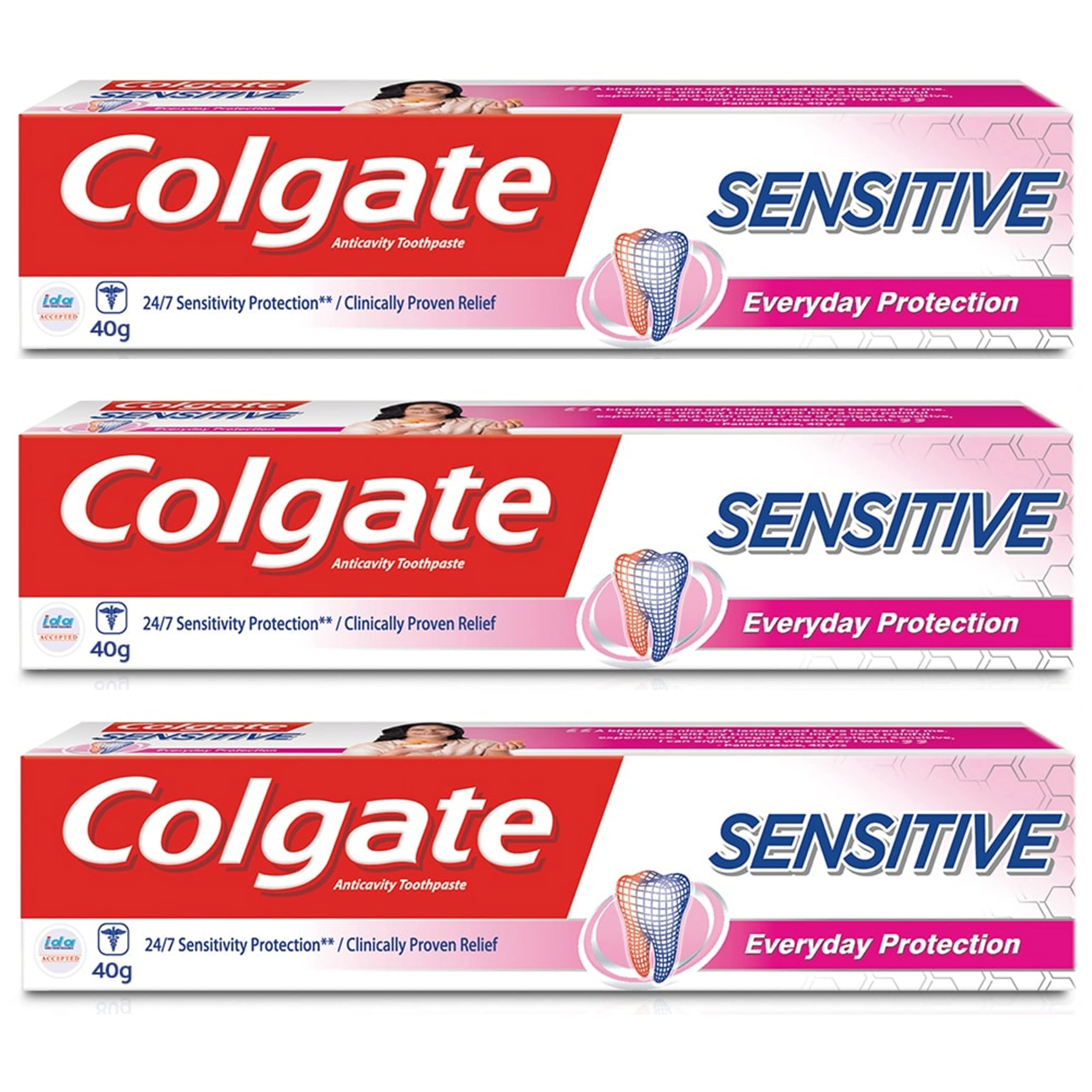 Three 40 g tubes of Colgate Sensitive Everyday Protection toothpaste