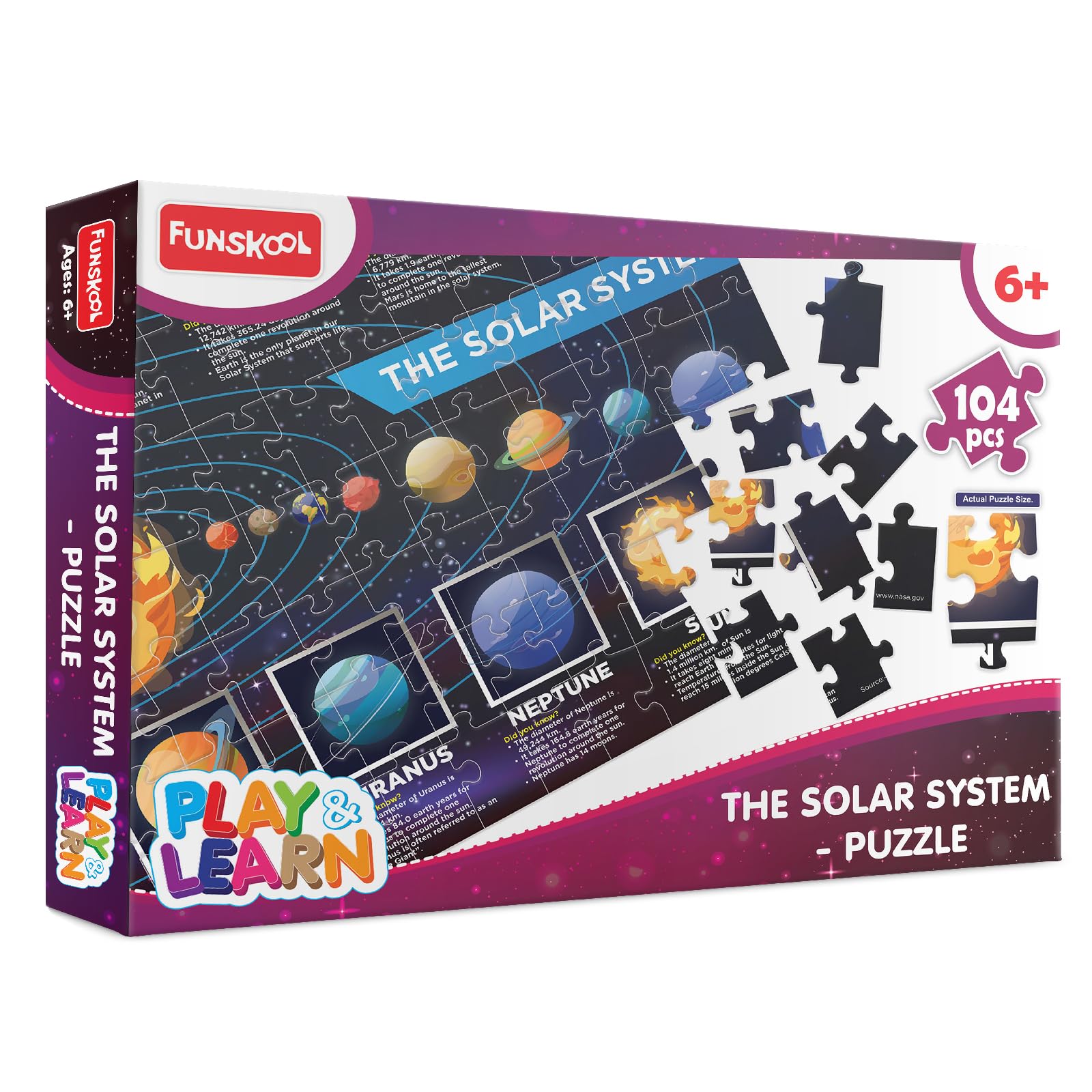 104-piece solar system puzzle showing planets and space-themed illustrations