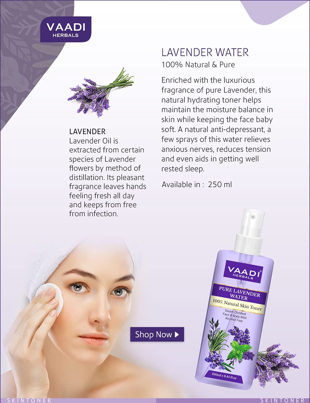 Vaadi Herbals Pvt Ltd Lavender Water -100% Natural & Pure Skin Toner, 250 ml – view 3