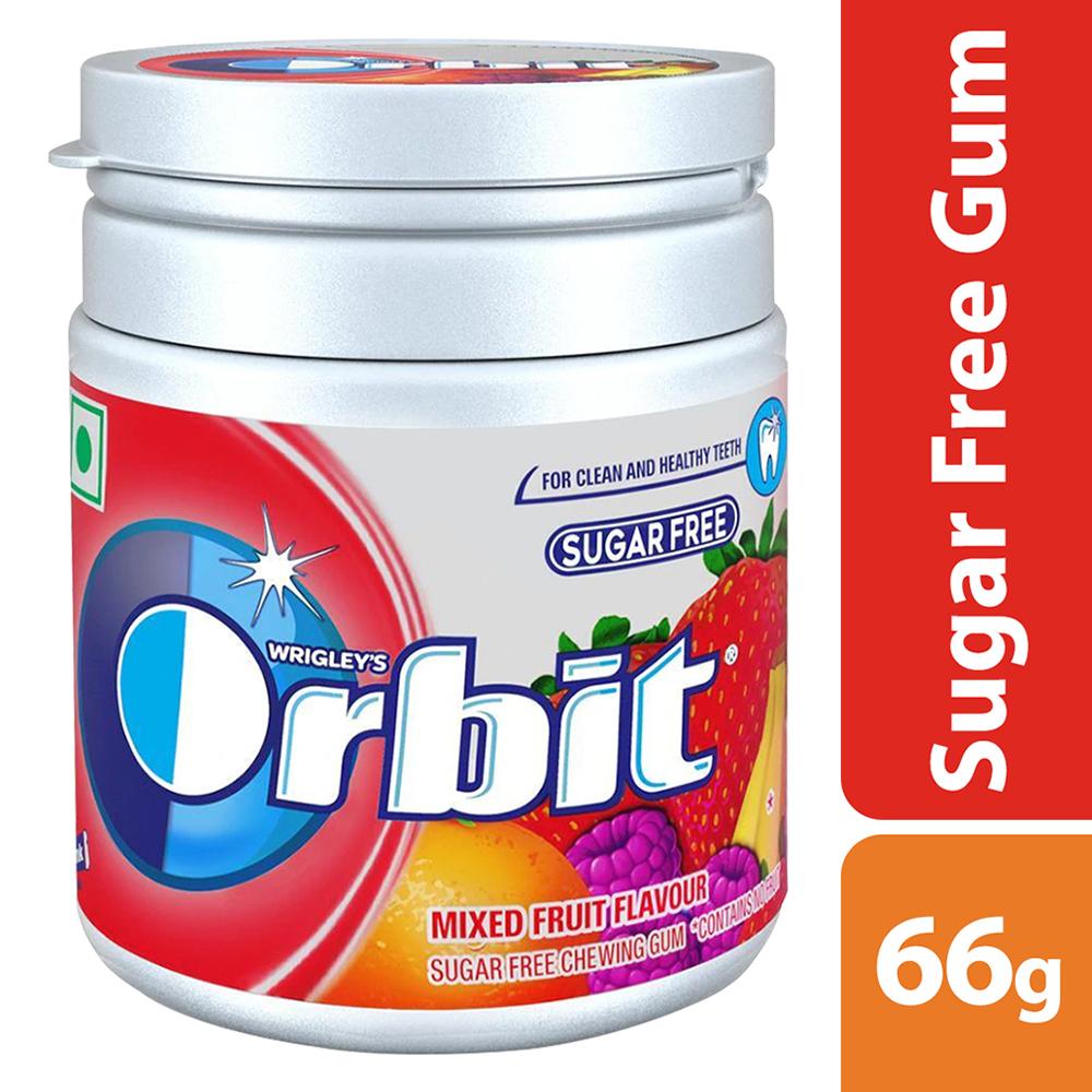 Three Orbit mixed fruit chewing gum pot bottles in pink