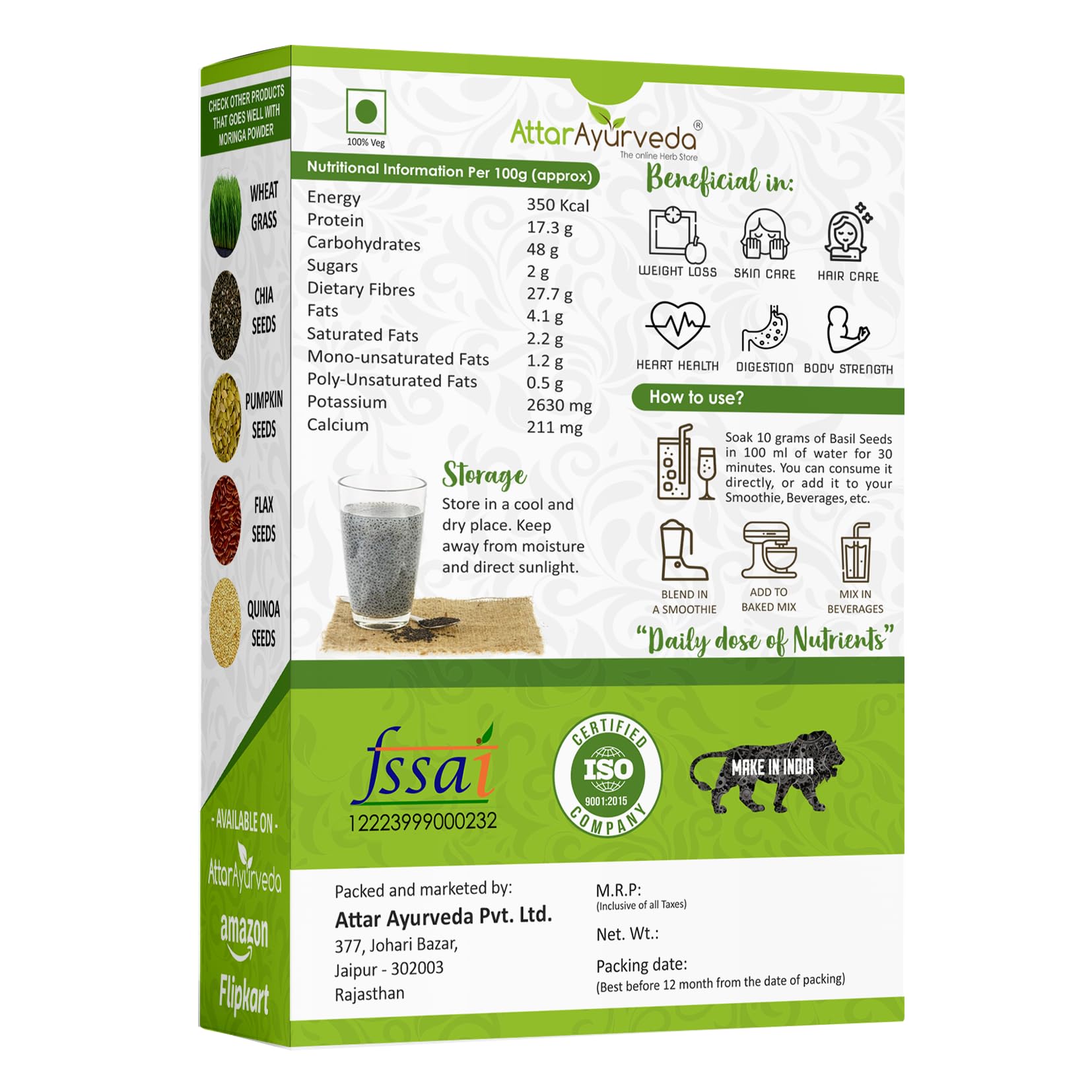 Attar Ayurveda Sabja Basil Seeds - 500 gm (Reduces Body Heat) – view 2