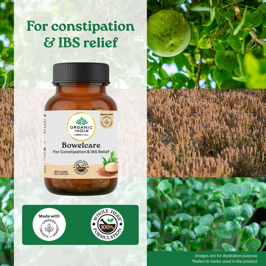 A TATA Product - Organic India Bowelcare - 60 Veg Capsules, Helps Relieve Constipation, Hyperacidity & IBS, Clean & Lubricate Bowel, Normalizes Digestion & Elimination, GMP & NPOP Certified Organic – view 3