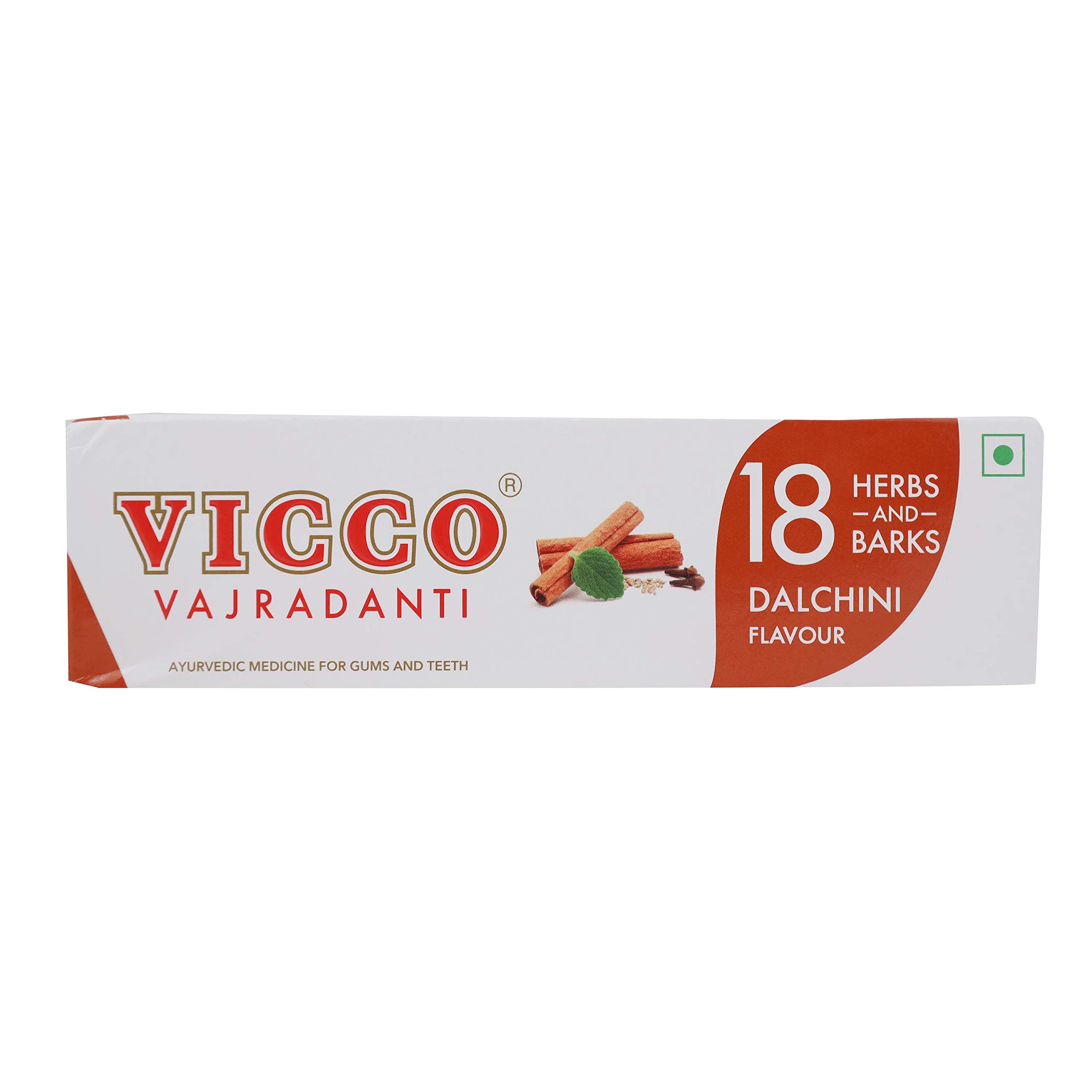 Vicco Vajradanti Dalchini flavour Ayurvedic toothpaste pack and tube