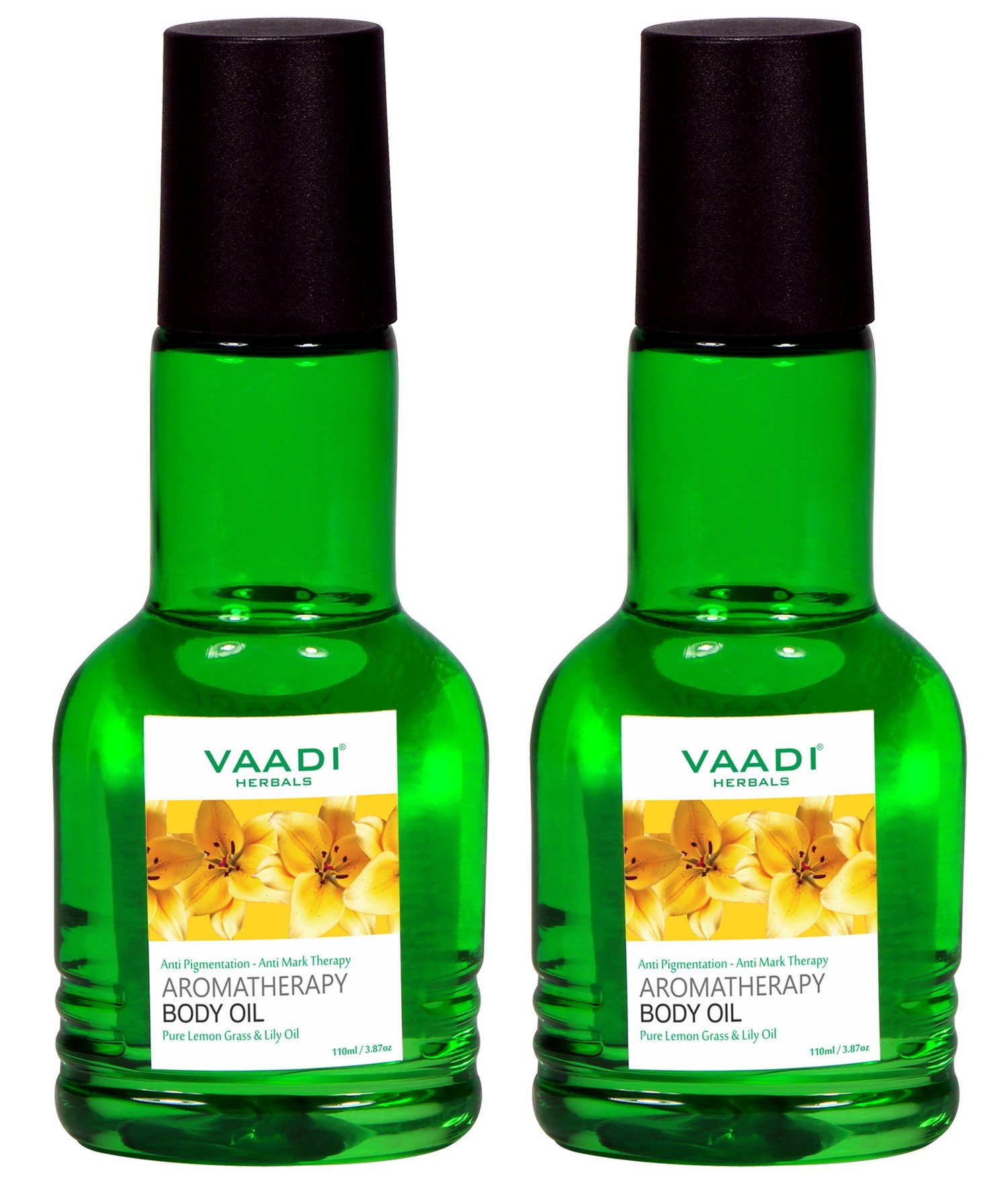 Vaadi Herbals aromatherapy body oil bottles with lemongrass and lily