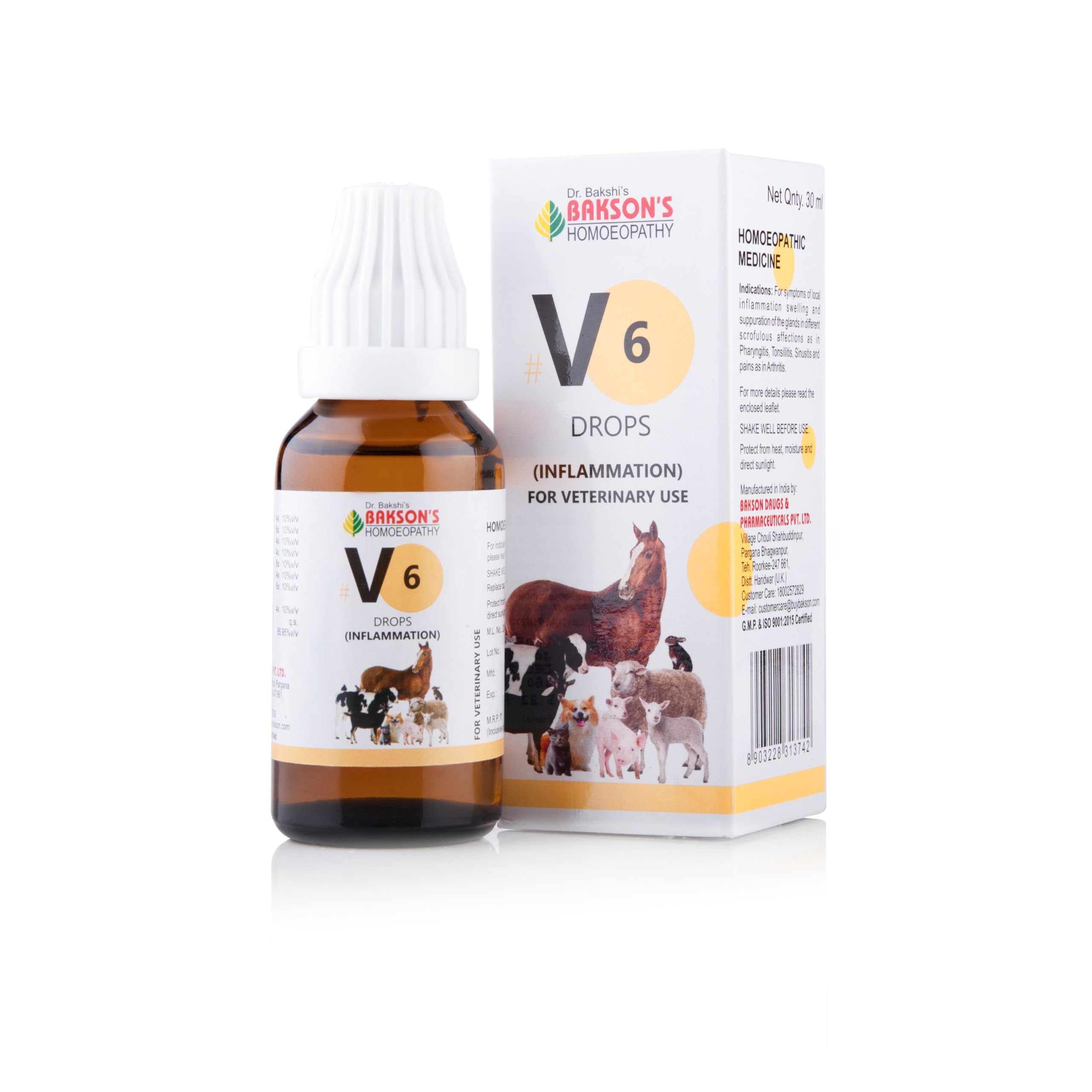 Front pack shot of Bakson Veterinary V6 Inflammation Drops 30 ml