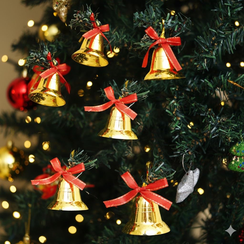 eCraftIndia Christmas Bells Golden Jingle Bells with Red Ribbon (Pack of 6) | Christmas Tree Decoration Items | Xmas Hanging Ornaments Props Decorations Items Set for Home Office Church Decor