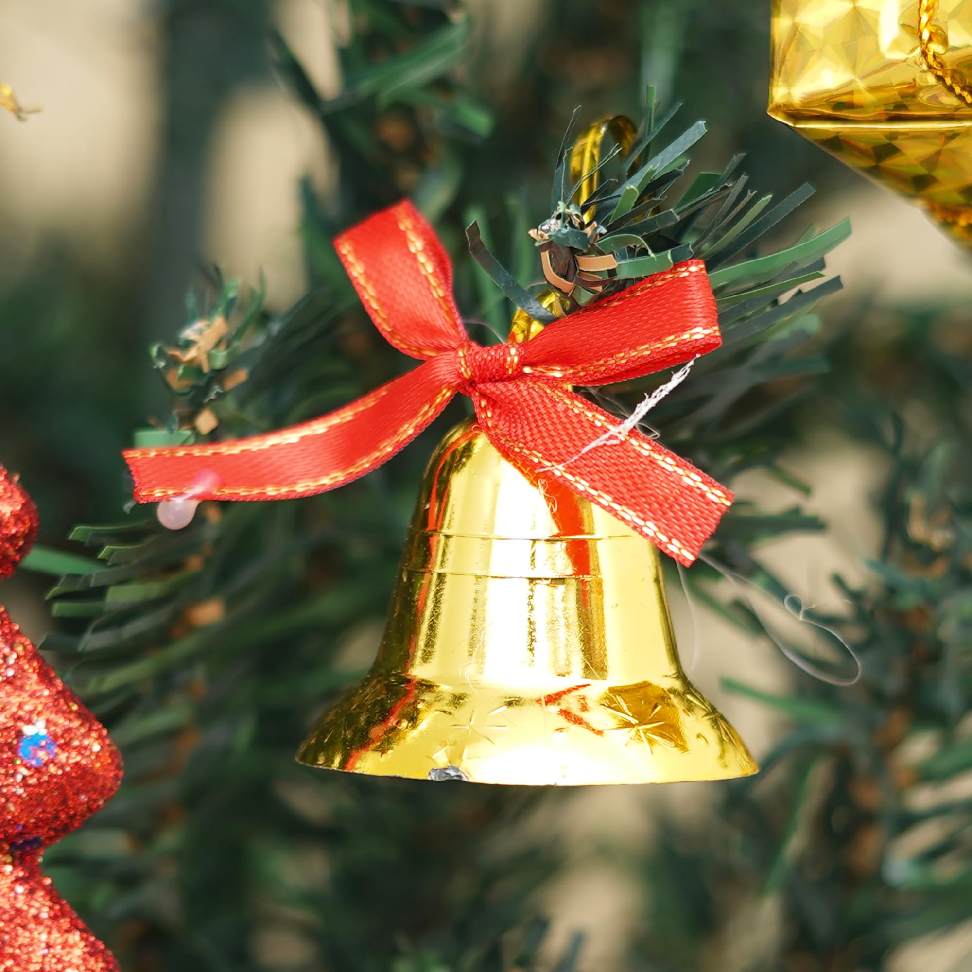 eCraftIndia Christmas Bells Golden Jingle Bells with Red Ribbon (Pack of 6) – view 2
