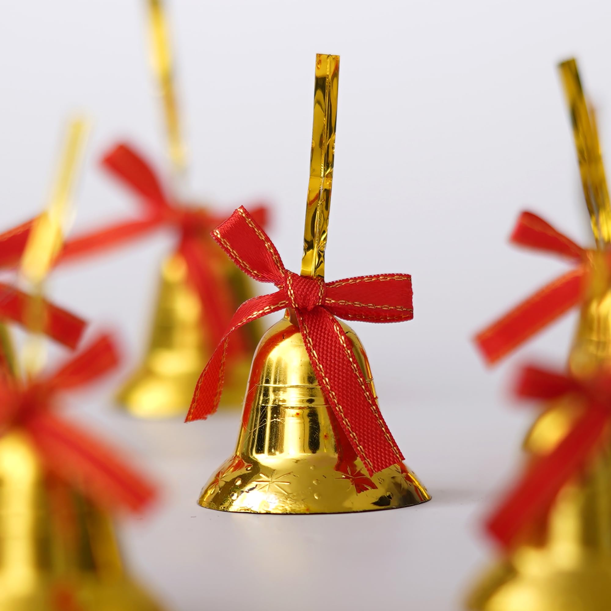 eCraftIndia Christmas Bells Golden Jingle Bells with Red Ribbon (Pack of 6) – view 3