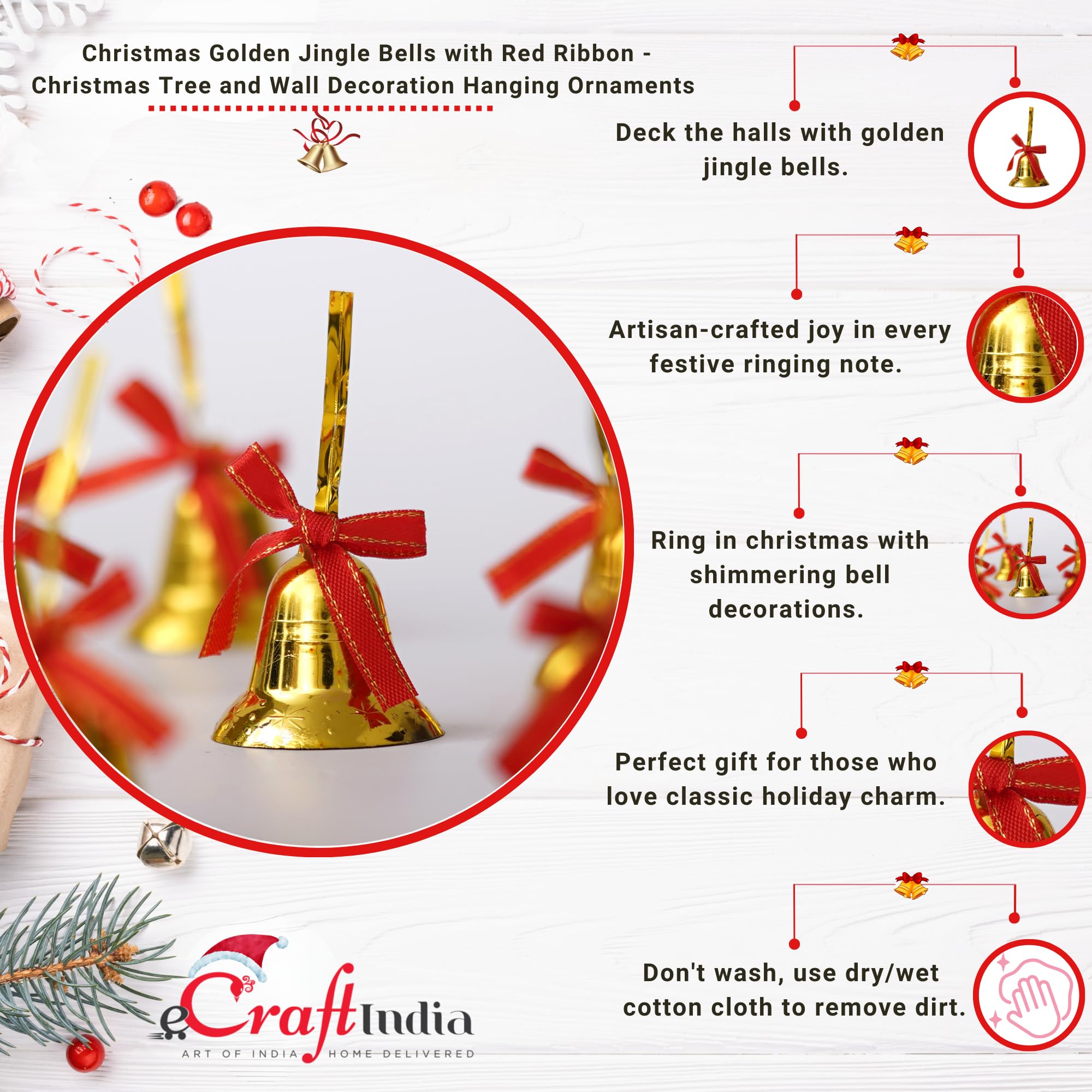eCraftIndia Christmas Bells Golden Jingle Bells with Red Ribbon (Pack of 6) – view 5