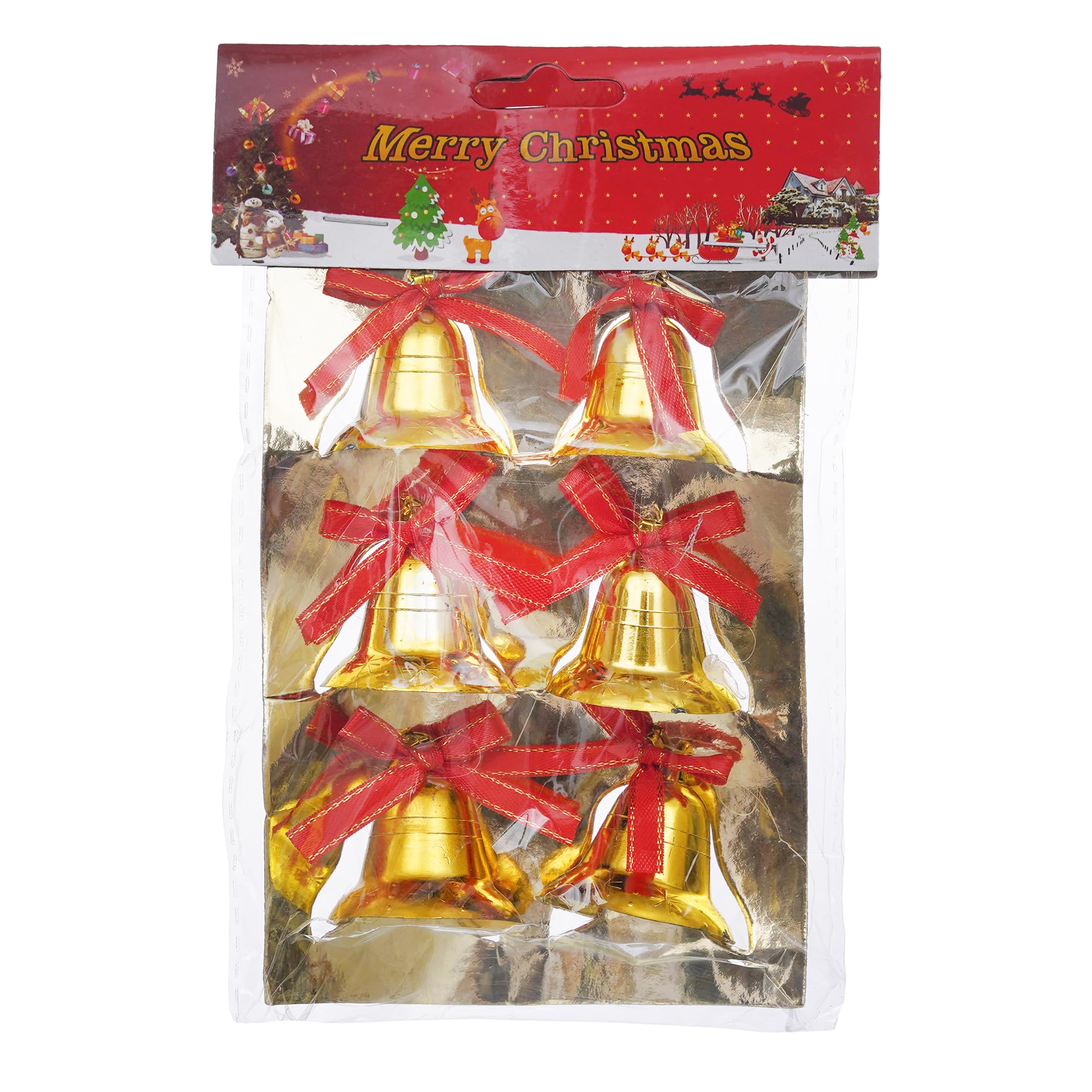 eCraftIndia Christmas Bells Golden Jingle Bells with Red Ribbon (Pack of 6) – view 7