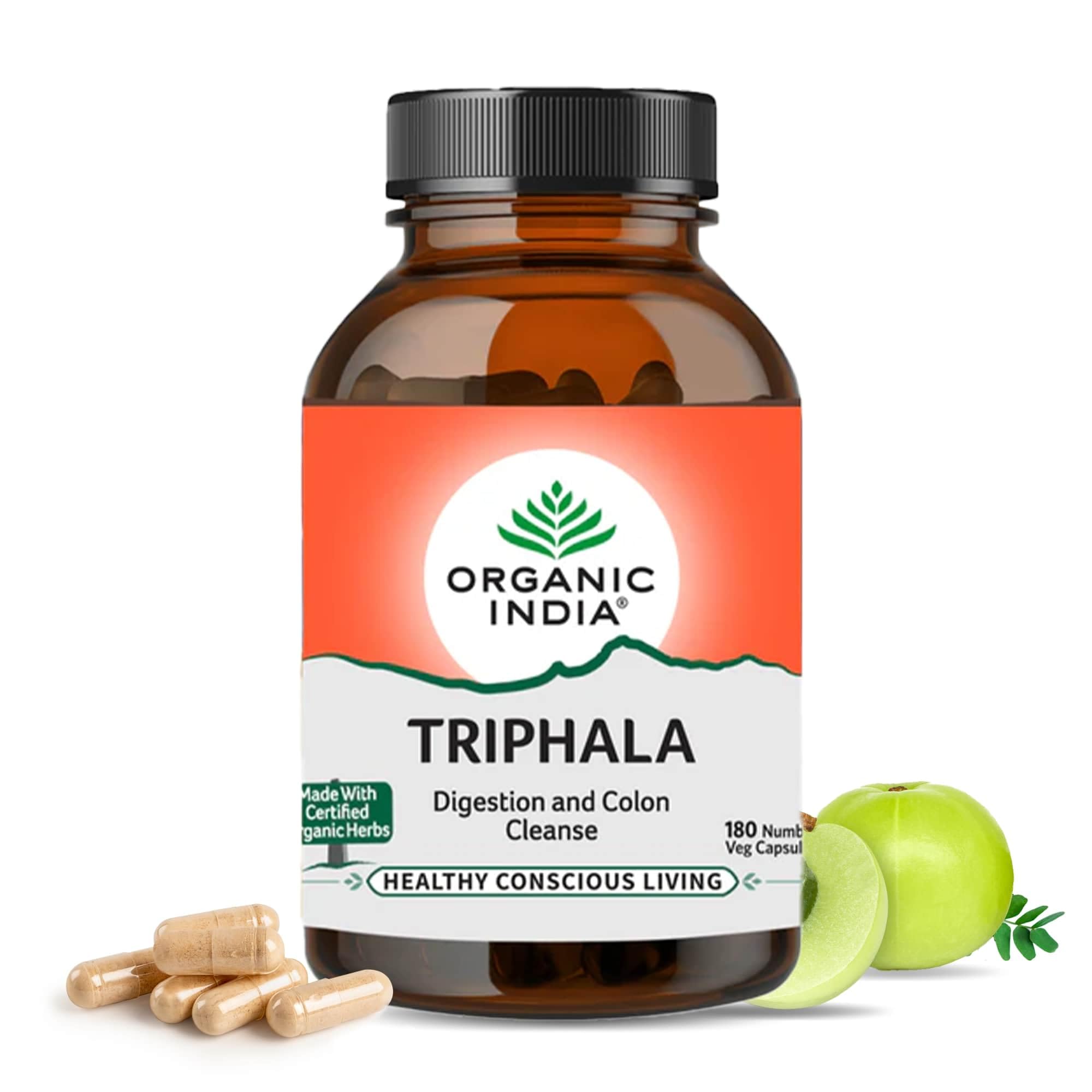 Bottle of Organic India Triphala Ayurvedic vegetarian capsules