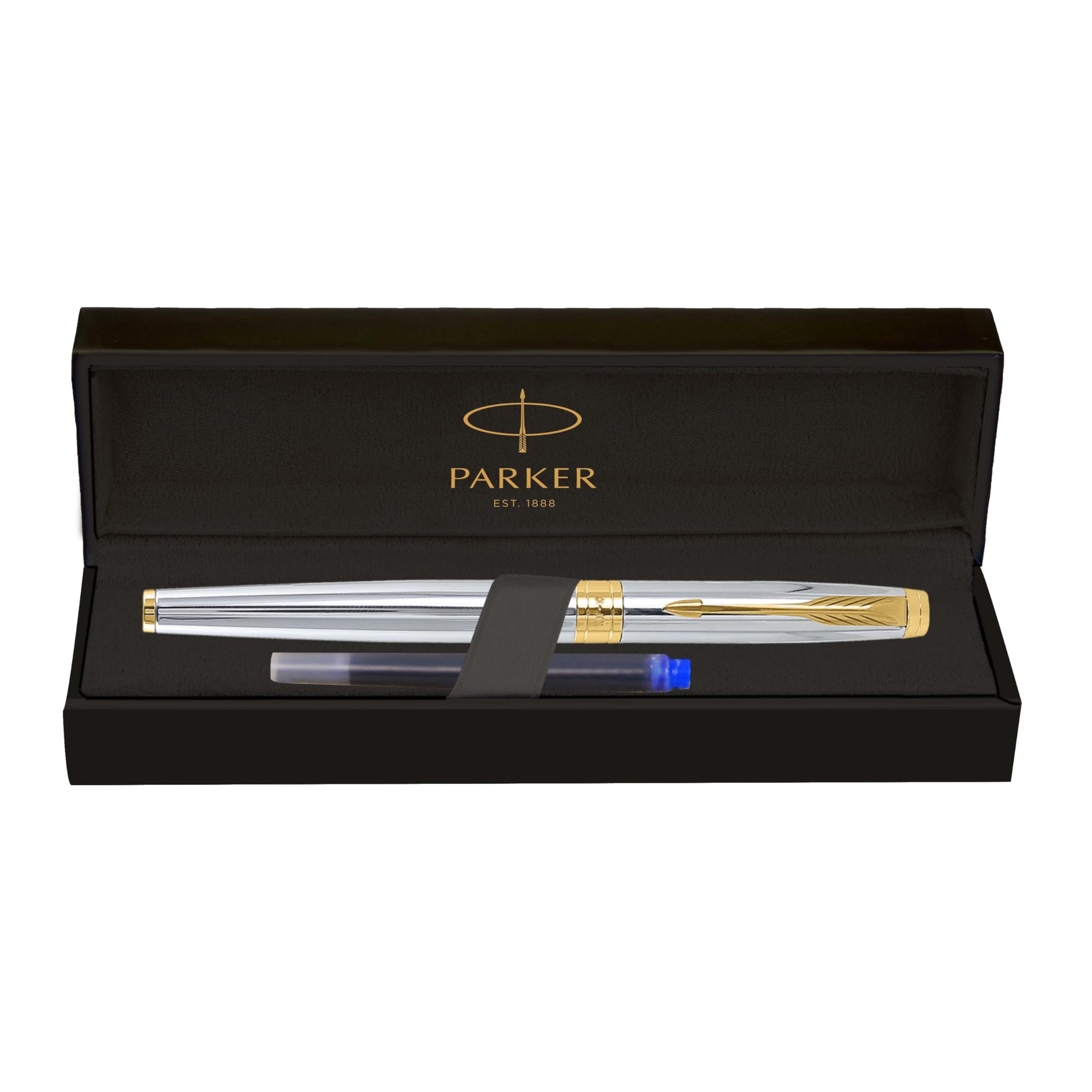 Parker metal fountain pen in shiny chrome with gold accents