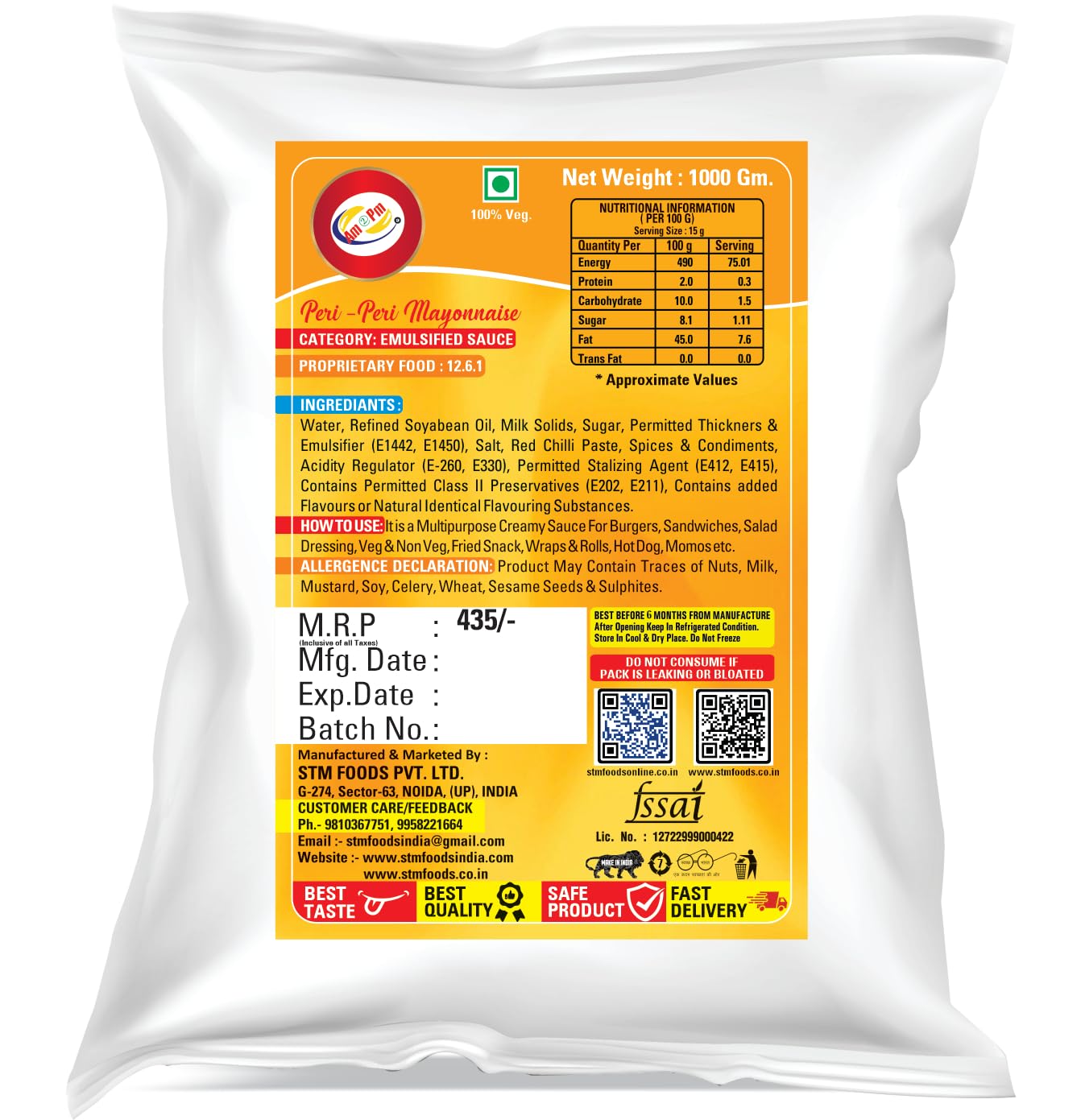 Am 2 Pm - Peri Peri Mayonnaise Veg Mayonnaise, 100% Vegetarian Creamy Mayo Used For Dressings And Condiments - 1Kg – view 2