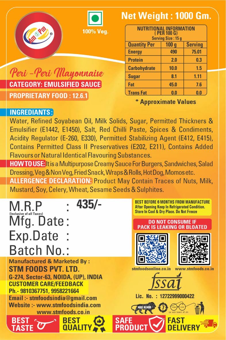 Am 2 Pm - Peri Peri Mayonnaise Veg Mayonnaise, 100% Vegetarian Creamy Mayo Used For Dressings And Condiments - 1Kg – view 3